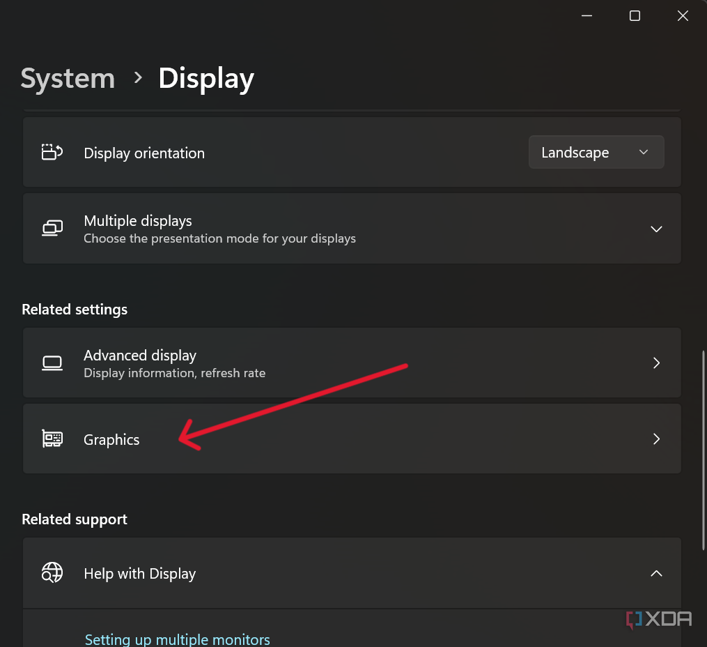 La aplicación Configuración en Windows 11 mostrando la opción Gráficos