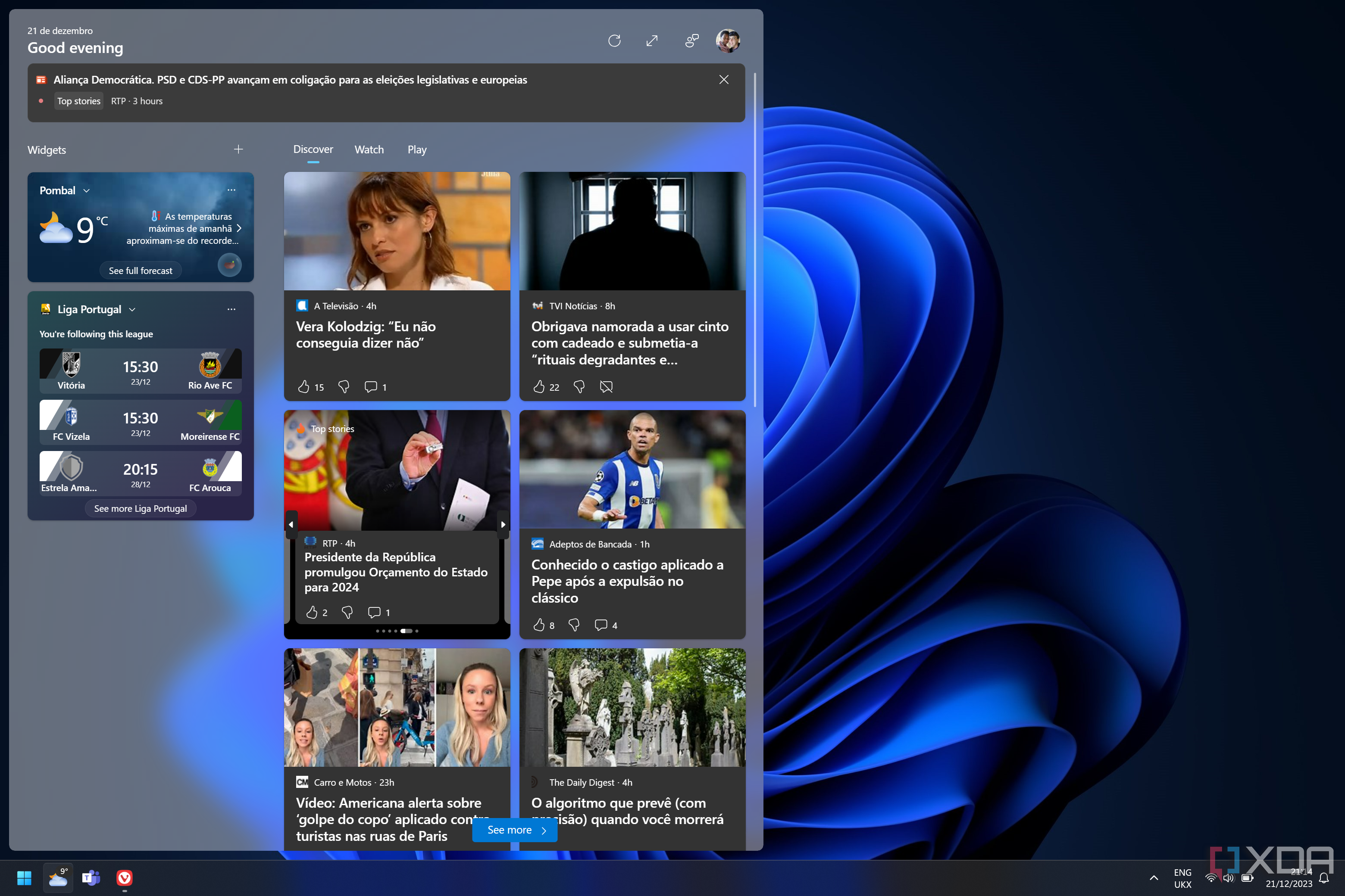 Screenshot of a Windows 11 desktop with the Widgets panel open