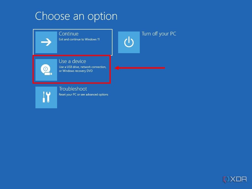 Screenshot of Windows 11 recovery environment showing the option to use a USB device for startup