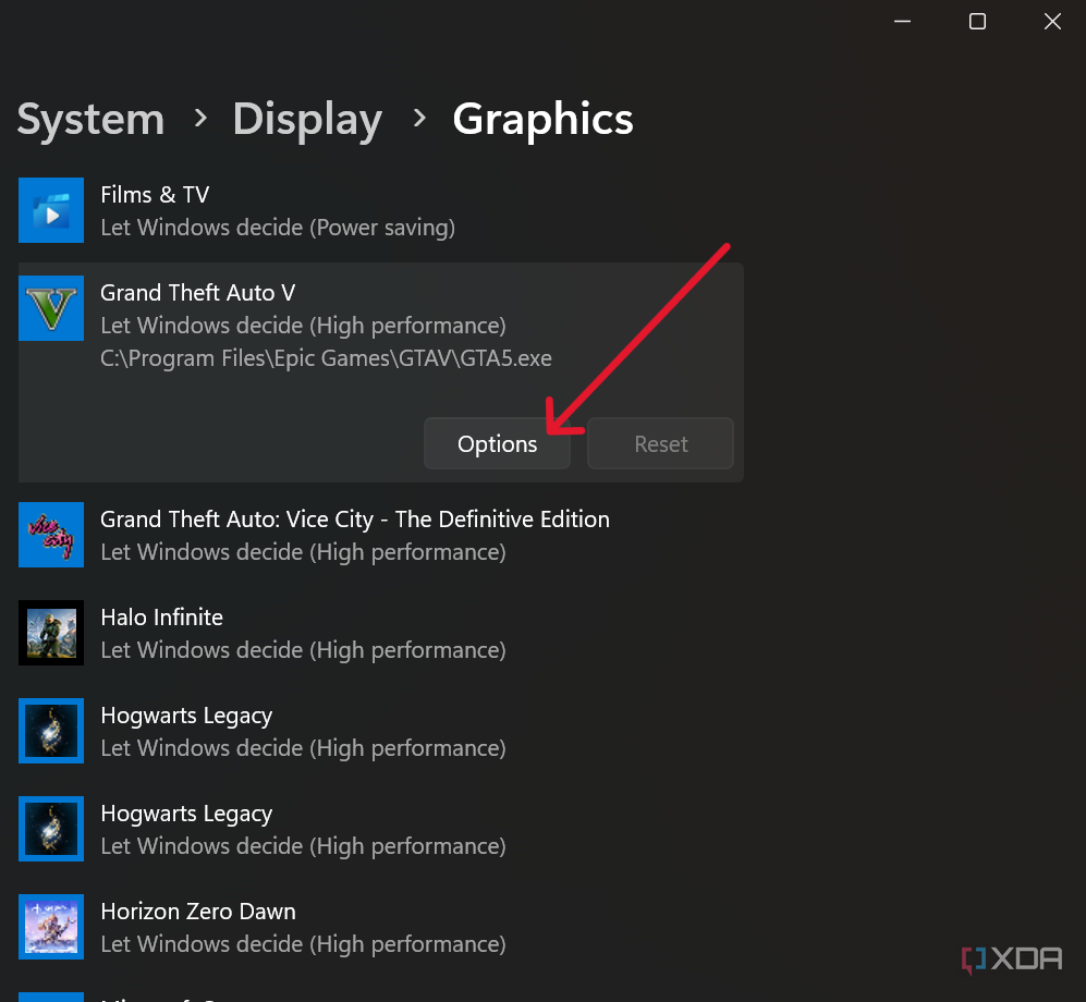 La sección Gráficos de la aplicación Configuración de Windows 11 ofrece la opción de cambiar la configuración de la GPU para una aplicación.