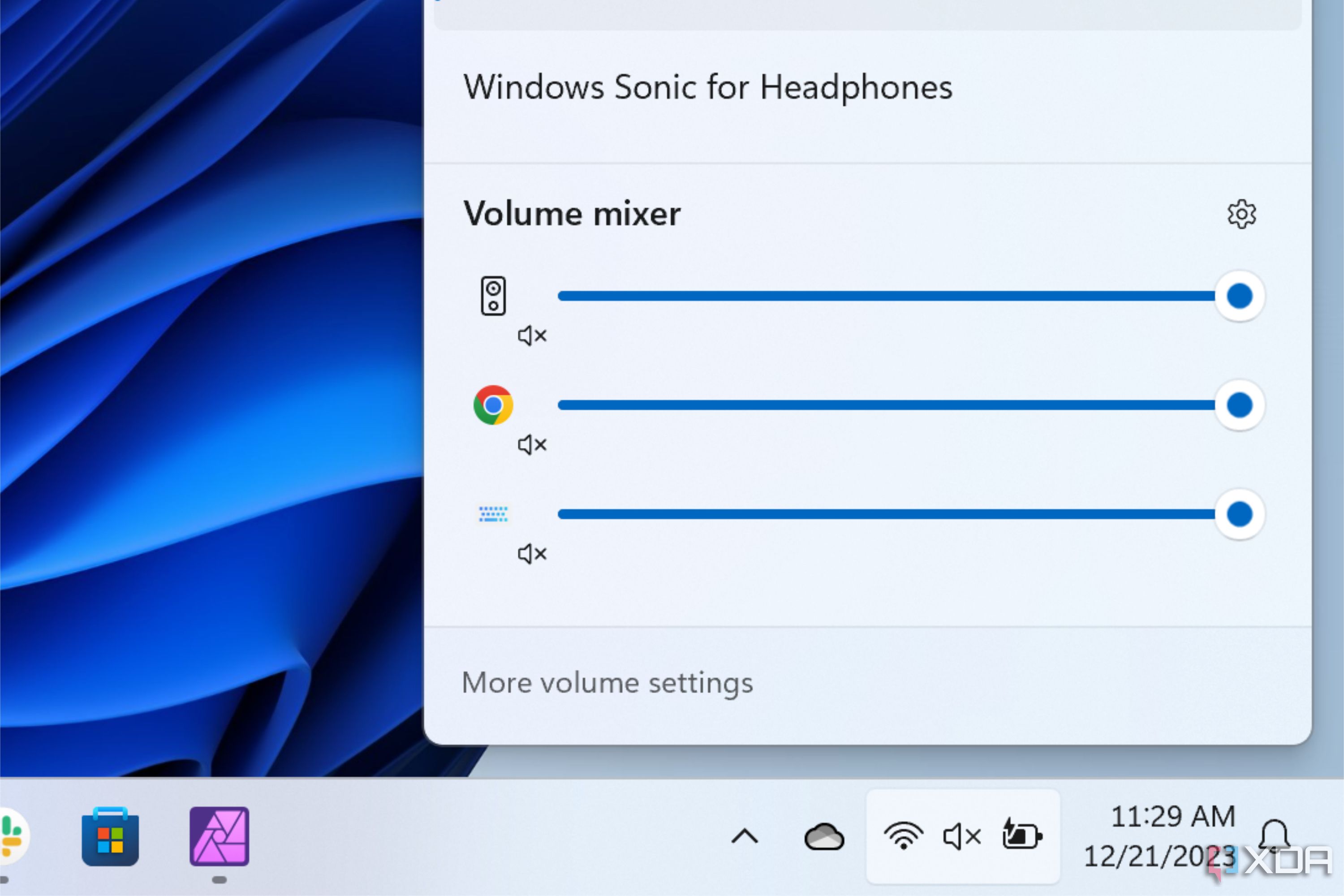 El mezclador de volumen para aplicaciones individuales en Windows 11.