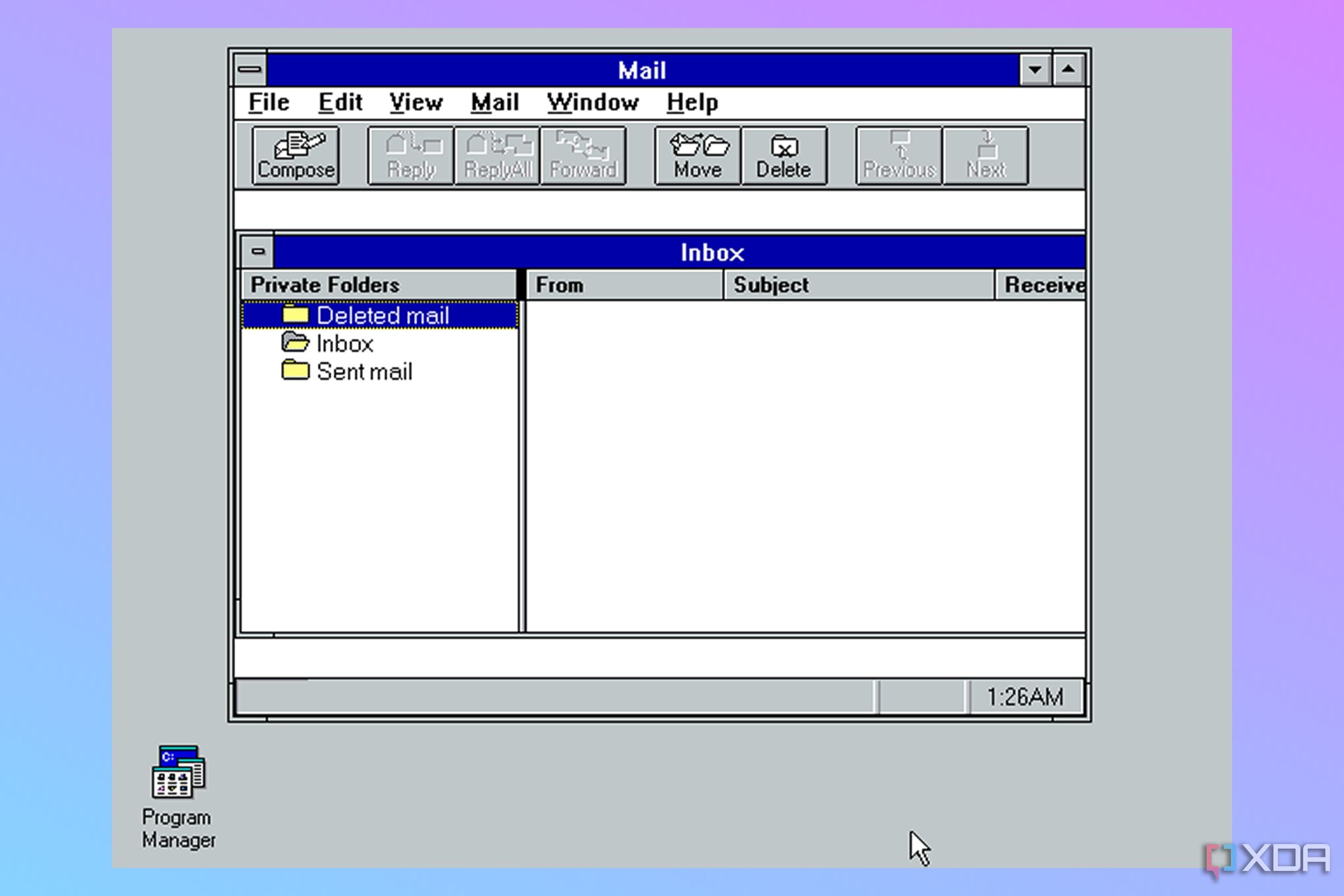 Captura de pantalla de la aplicación Correo en Windows 3.11 sobre un fondo degradado