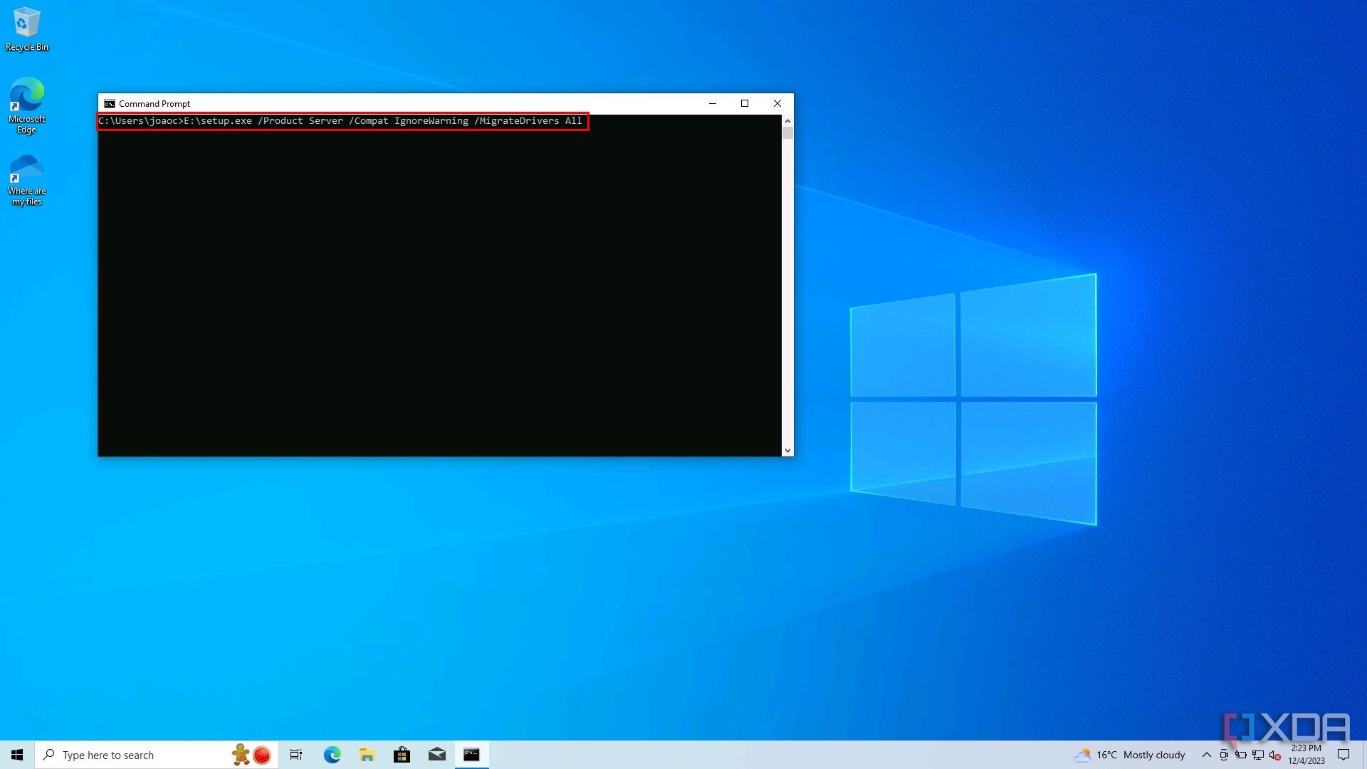Screenshot of command prompt in Windows 10 showing a command that will allow it to install Windows 11 on unsupported hardware