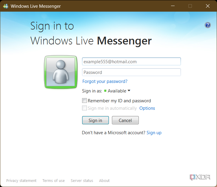 Pantalla de inicio de sesión de Windows Live Messenger