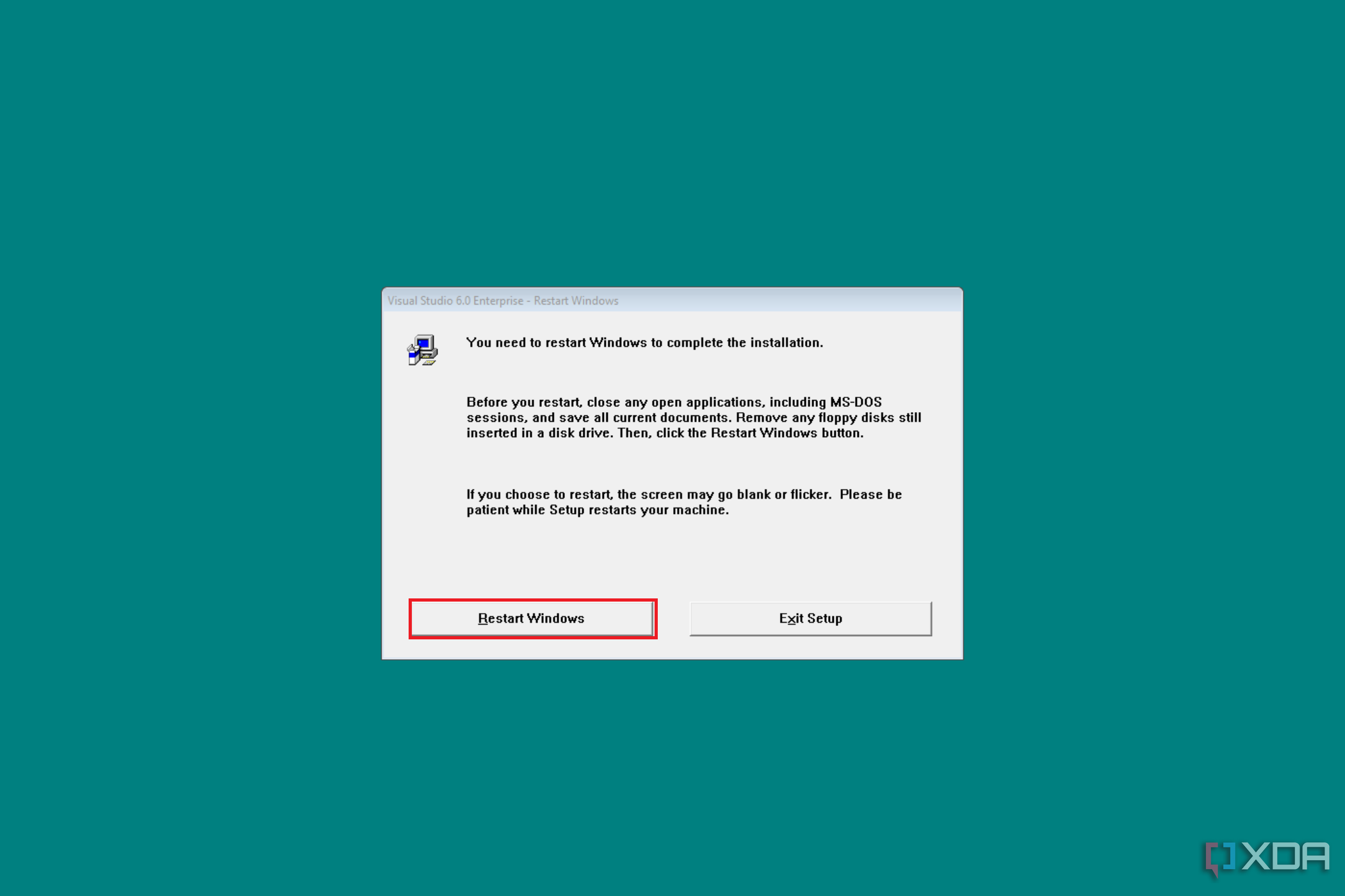  Image displaying a notification from Visual Studio 6.0 Enterprise Setup advising that a restart of Windows is required to complete the installation, with instructions to close any open applications and save all documents, and options to 'Restart Windows' or 'Exit Setup'.