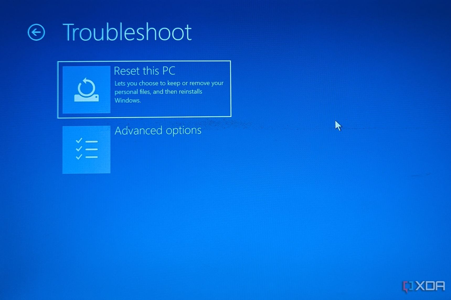 Advanced options reset this pc screen