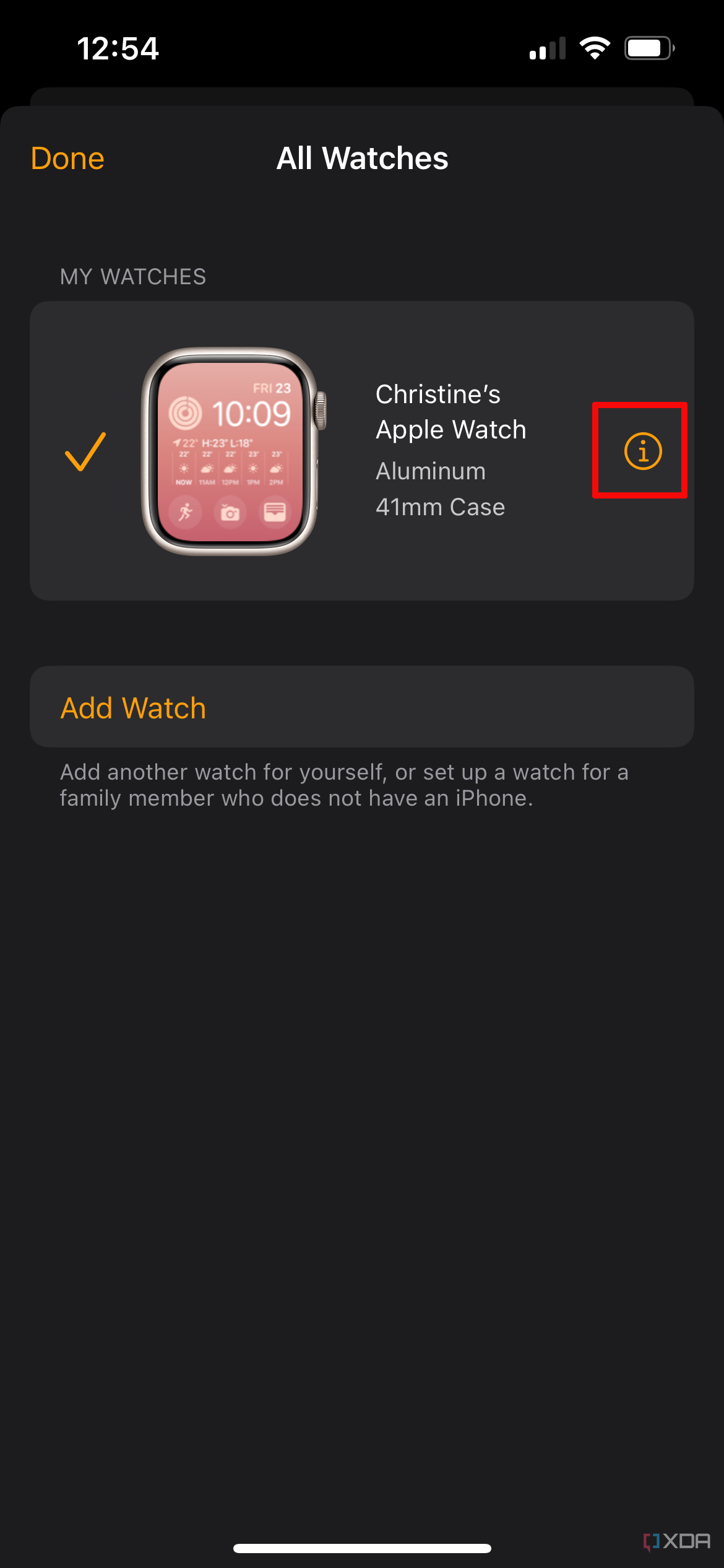 Watch app with All Watches selected and the Info button beside My Watch selected.