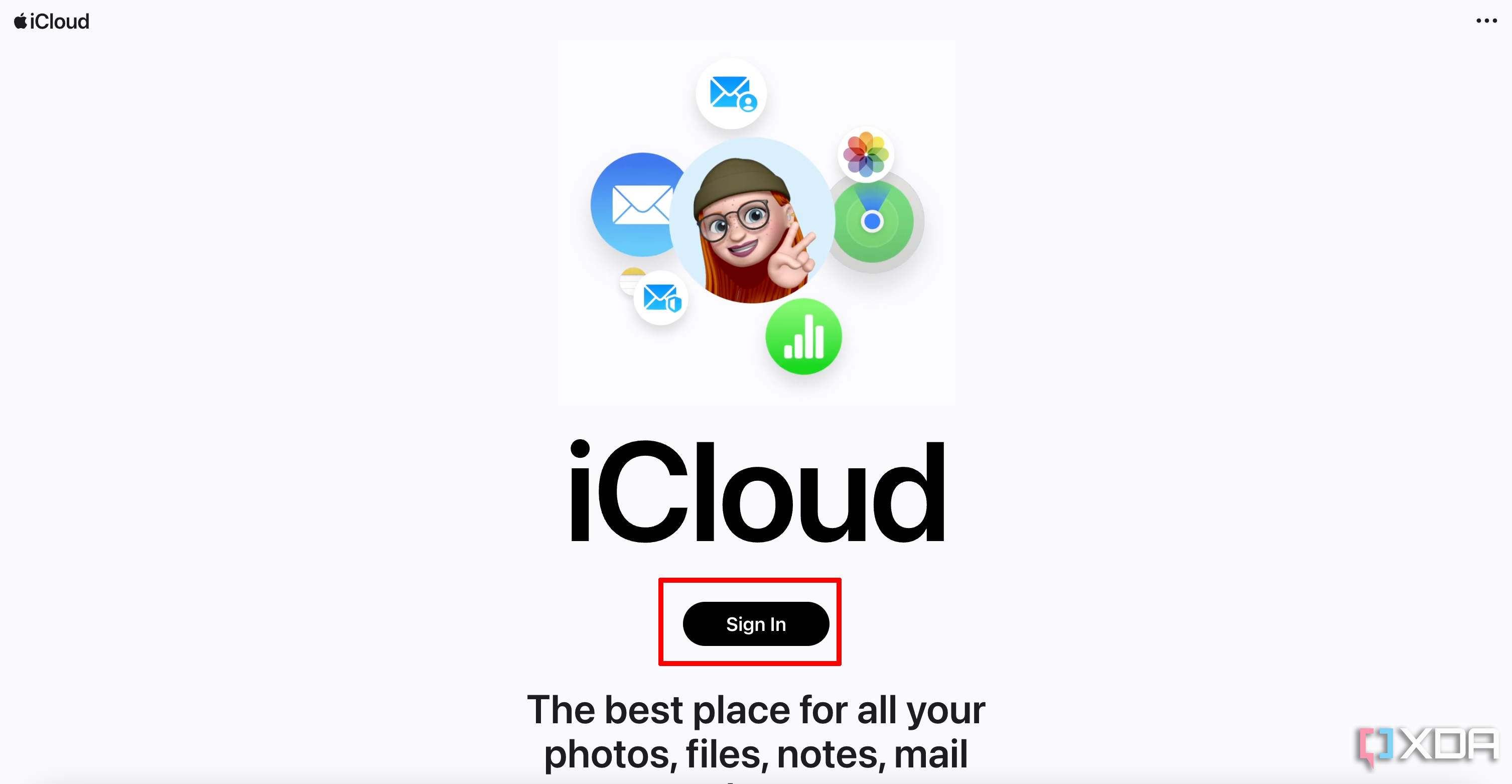 iCloud home page with Sign In selected.
