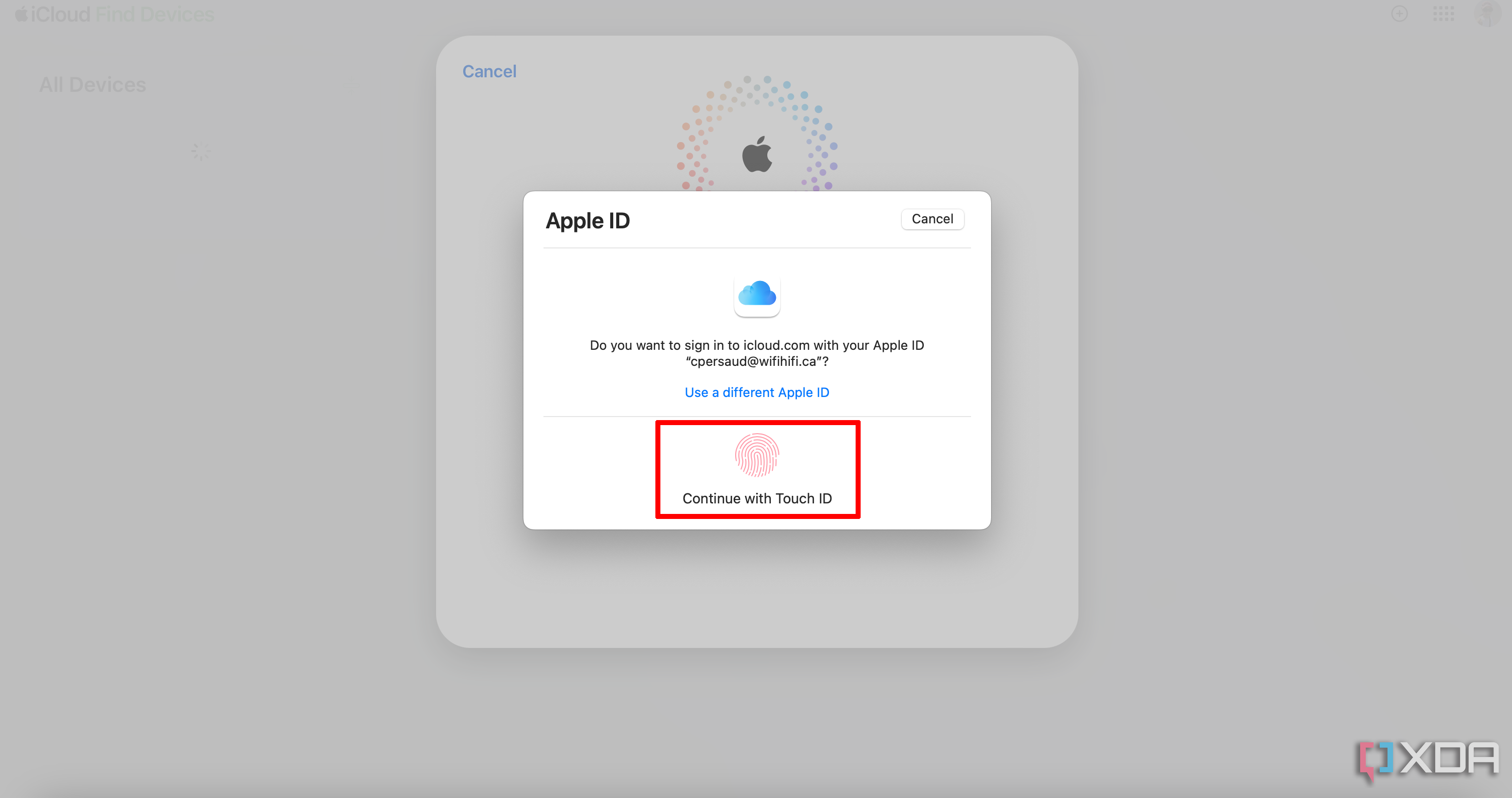 iCloud page showing Apple ID sign in with Touch ID.
