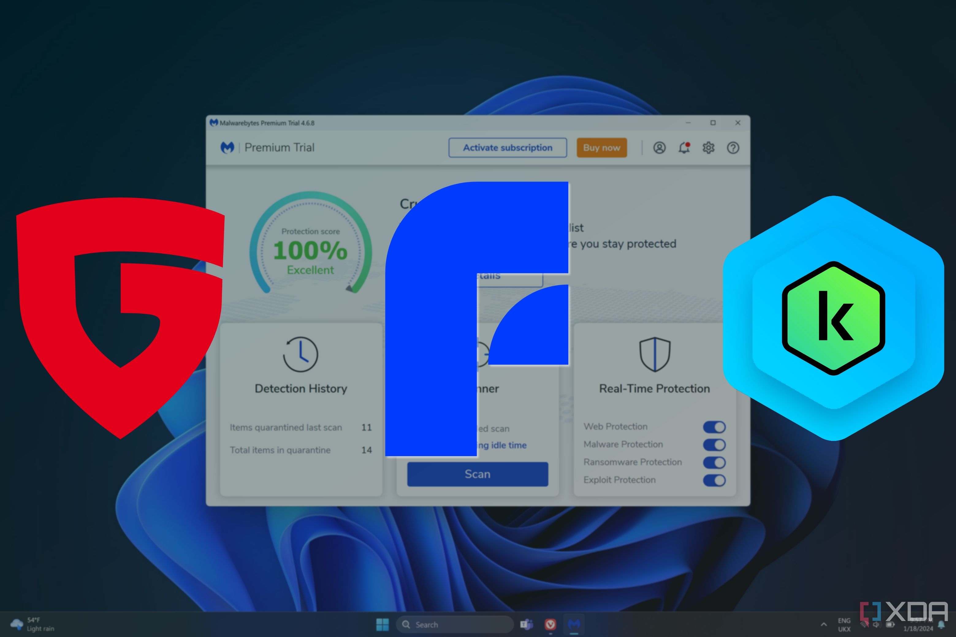 Screenshot of a Windows 11 desktop running MalwareBytes with logos of different antivirus vendors laid over it