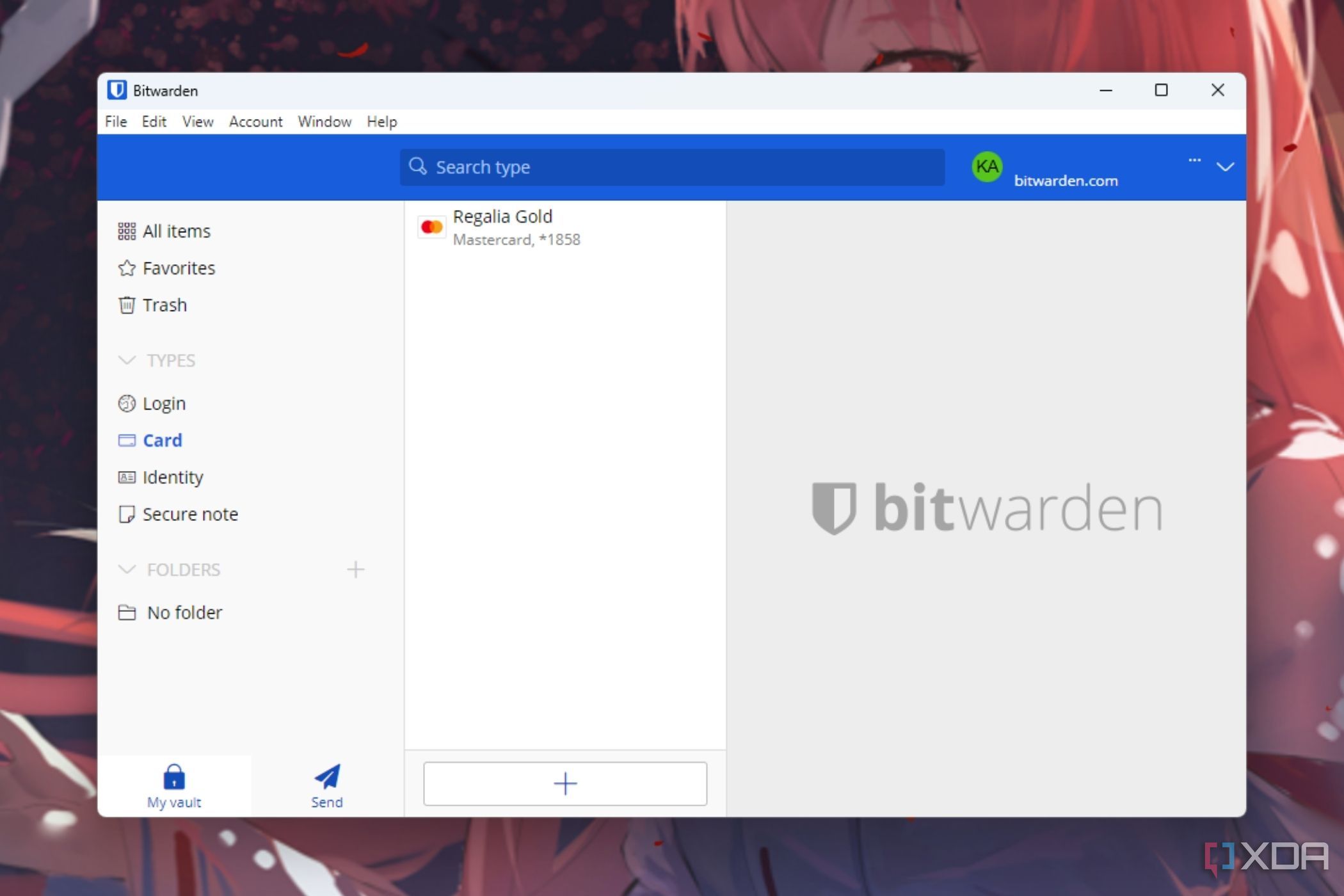 A screenshot showing the saved cards tab on Bitwarden Password Manager app in Windows.