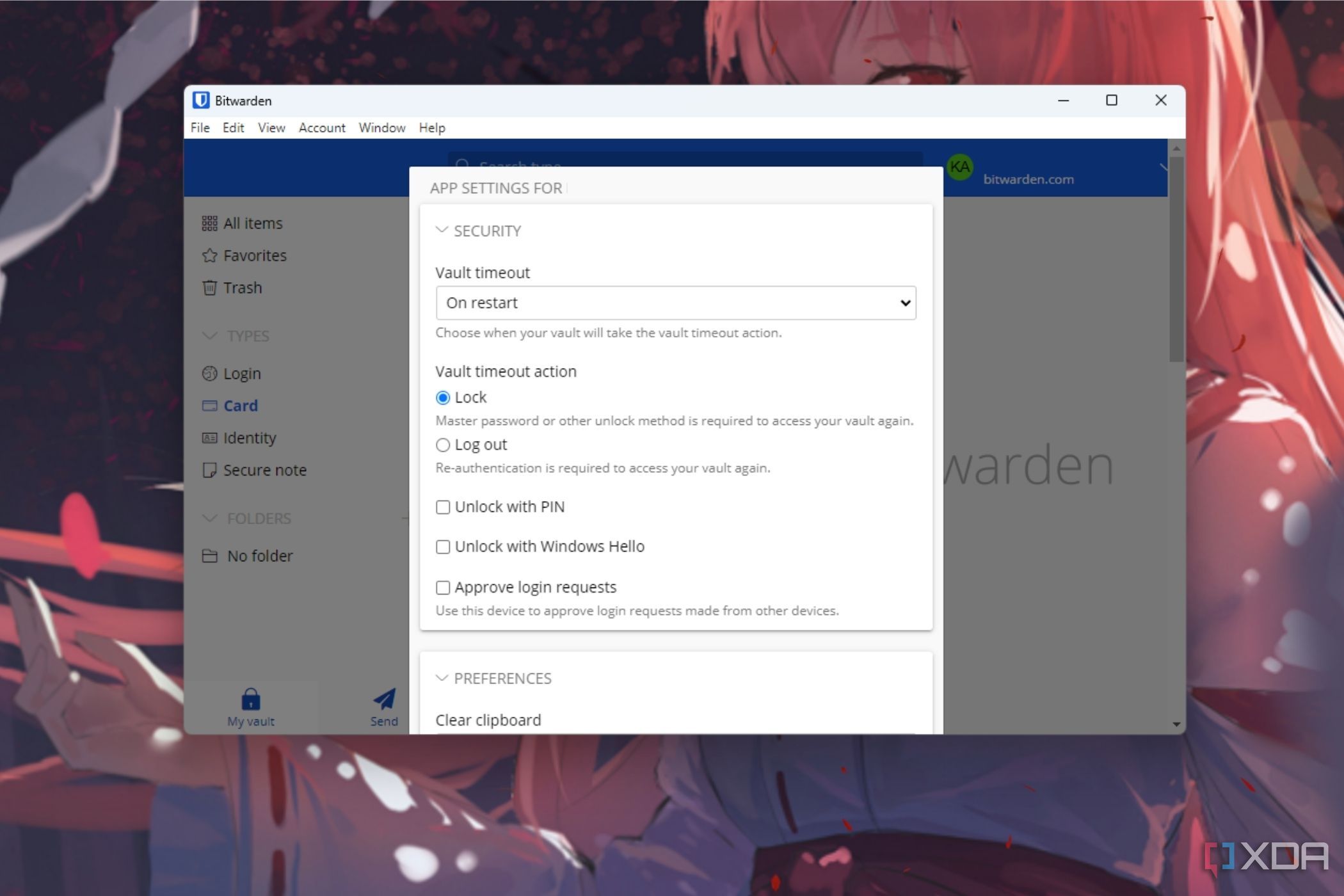 A screenshot showing the settings screen on Bitwarden Password Manager's Windows app.