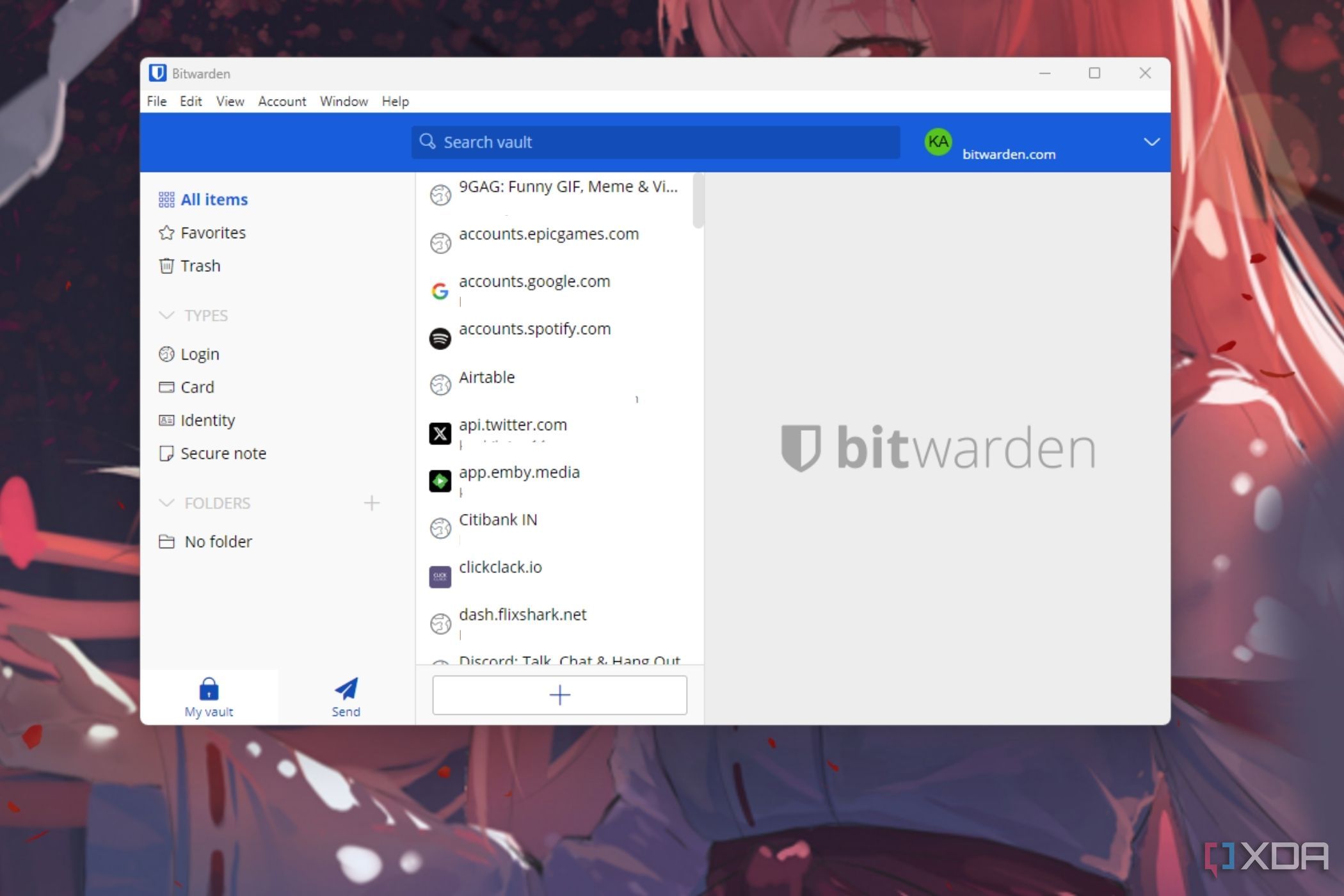 A screenshot showing Bitwarden's password manager app on Windows.