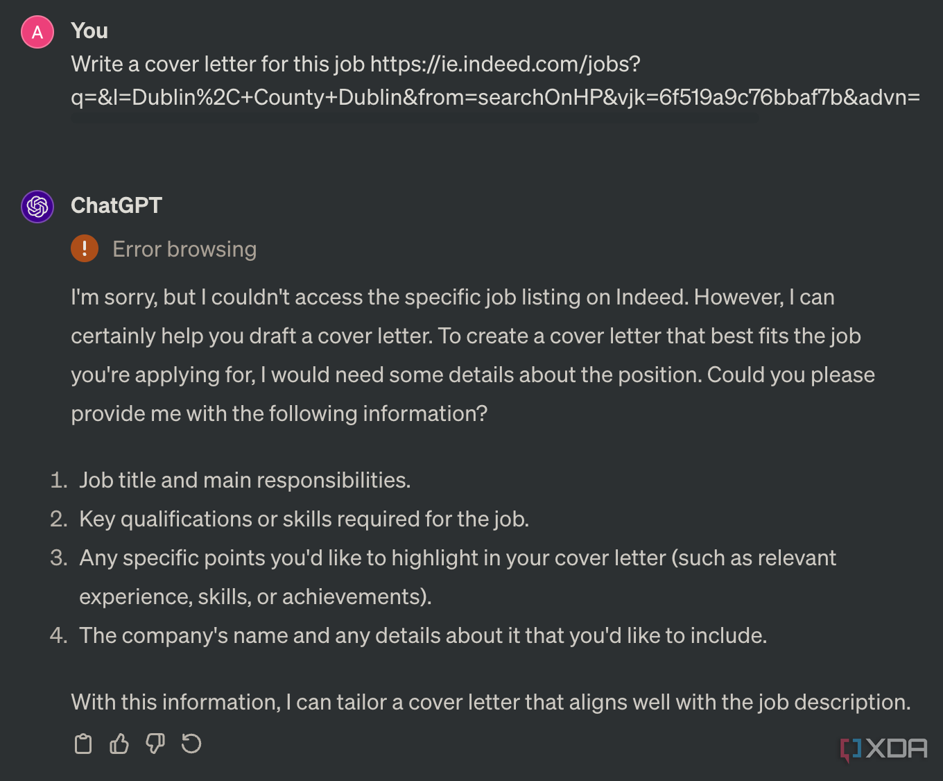 Asking ChatGPT to write a cover letter for a job listing on Indeed