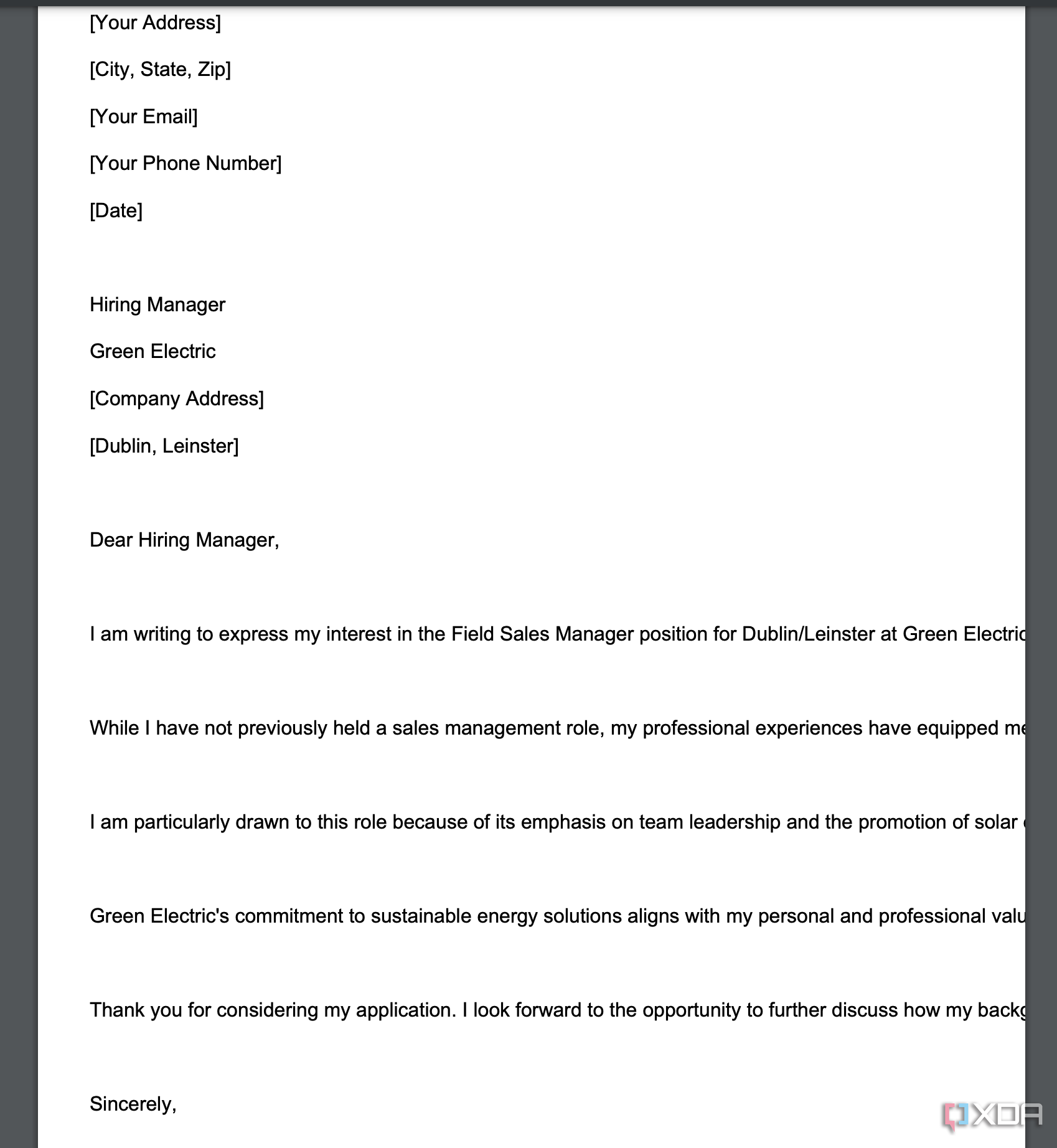 Cover letter in ChatGPT exported to PDF, showing text running off the side