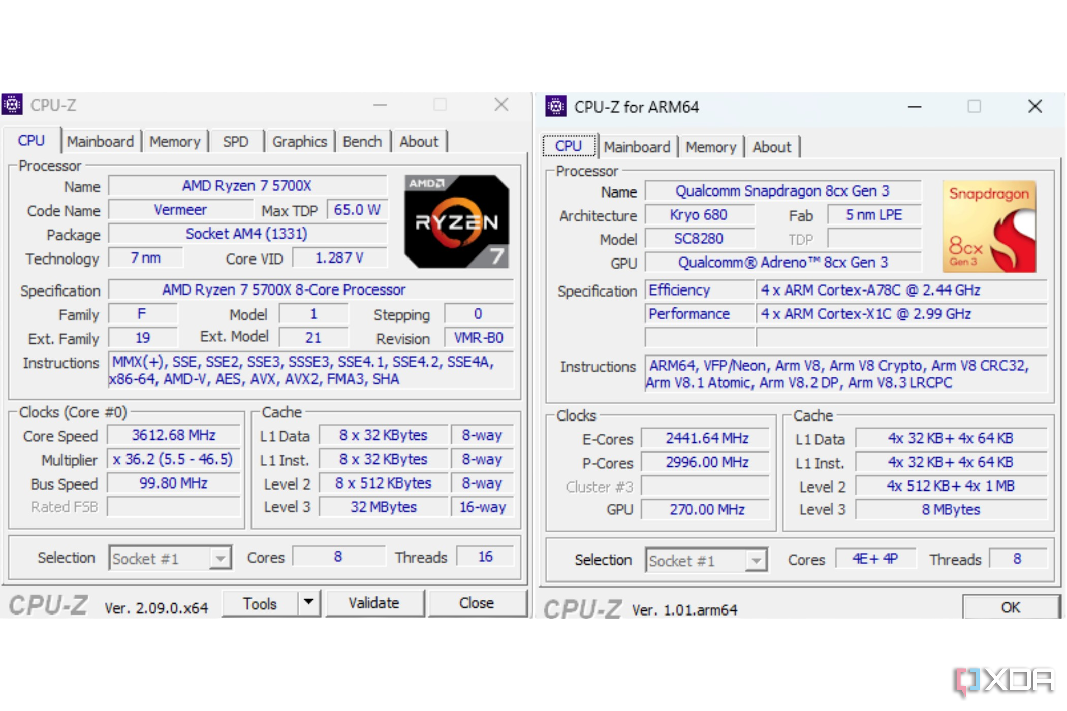 Comparação lado a lado das versões X64 e ARM64 do CPU-Z