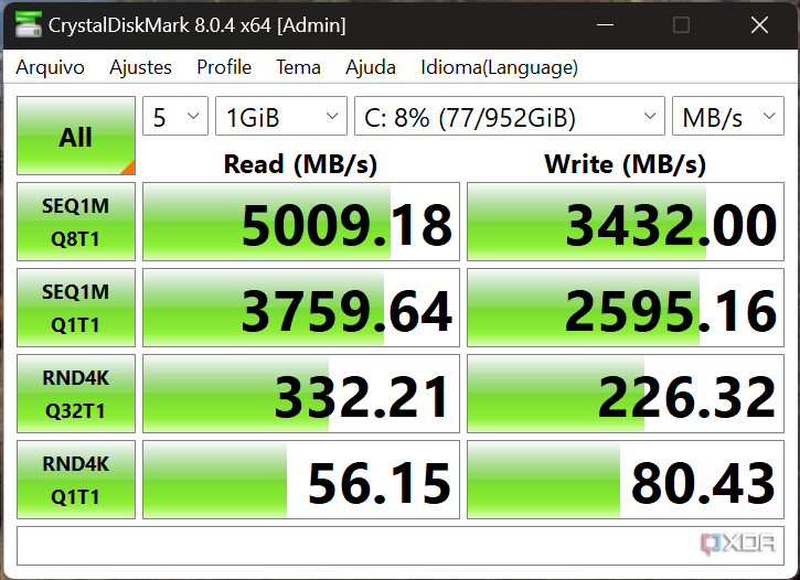 Captura de pantalla de los resultados de la prueba CrystalDiskMark en el Asus Zenbook 14 OLED