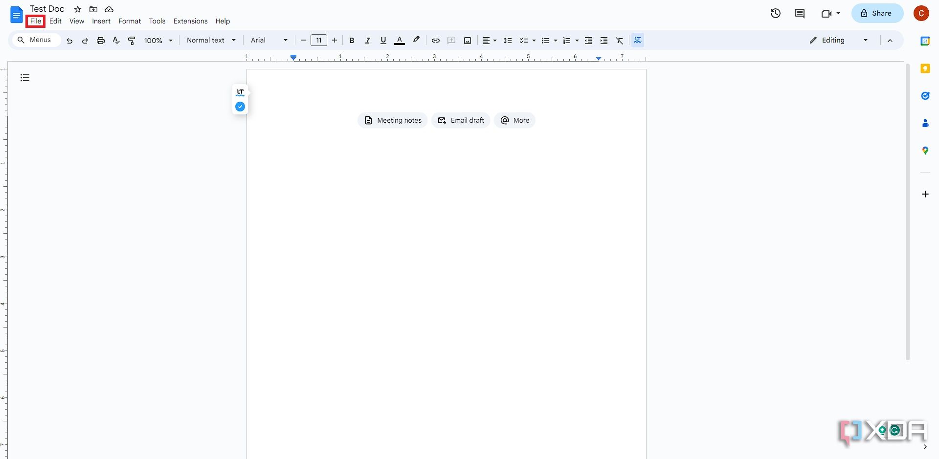 Botón de archivo en una página en blanco de Google Docs