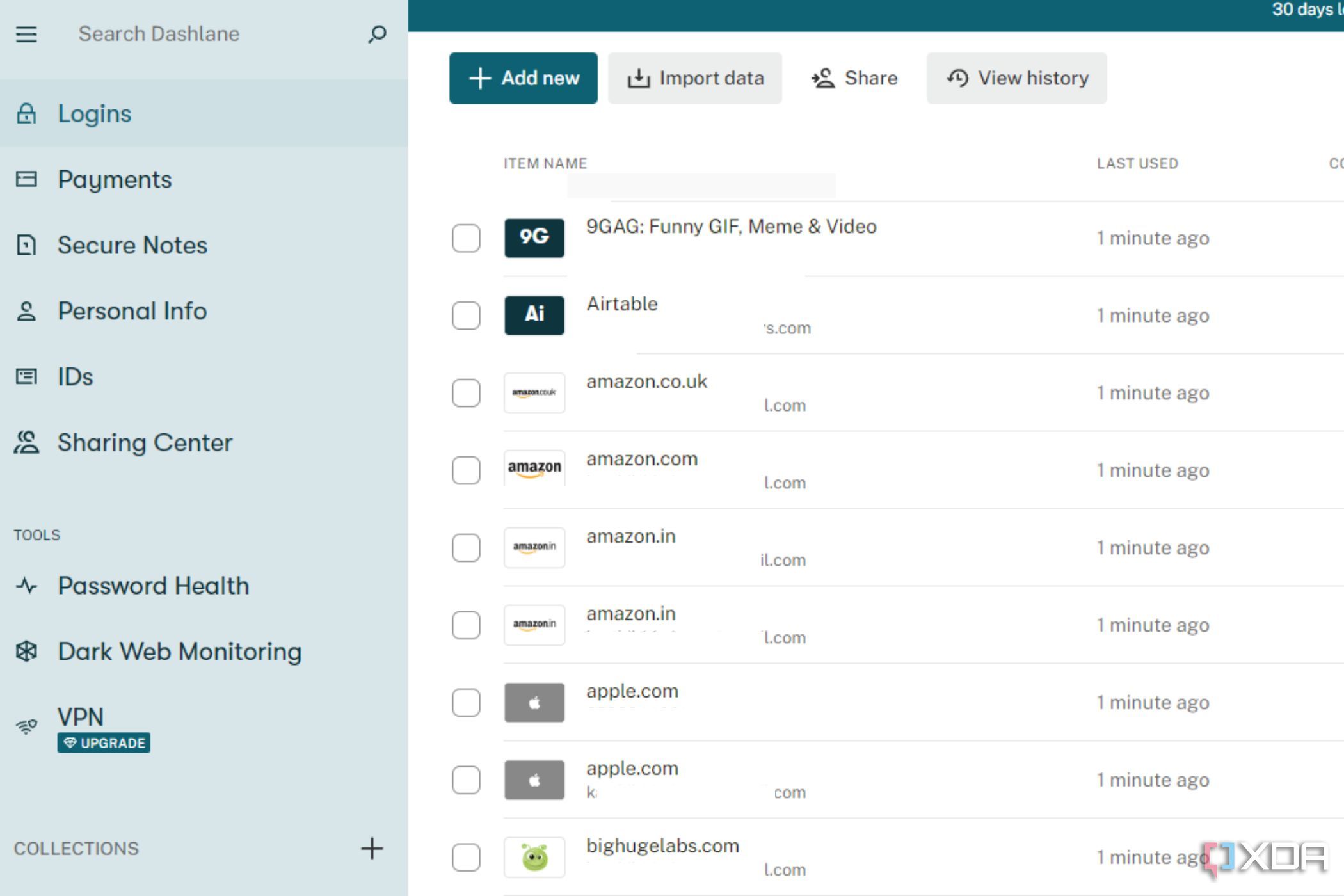 A screenshot showing the Login tab within the web interface of Dashlane password manager.