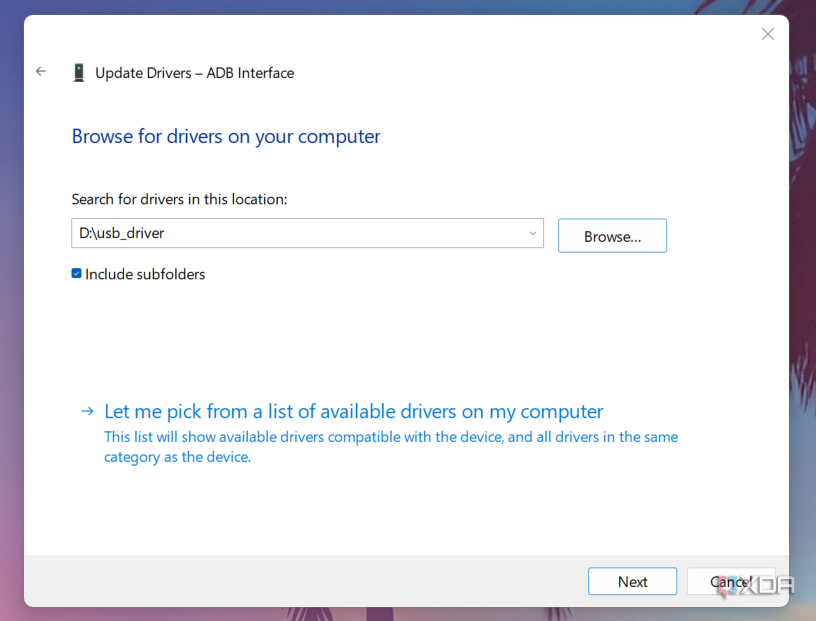 Device Manager Search for drivers in this location