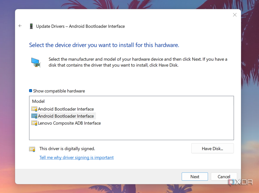 Device Manager Select the driver you want to install for this hardware