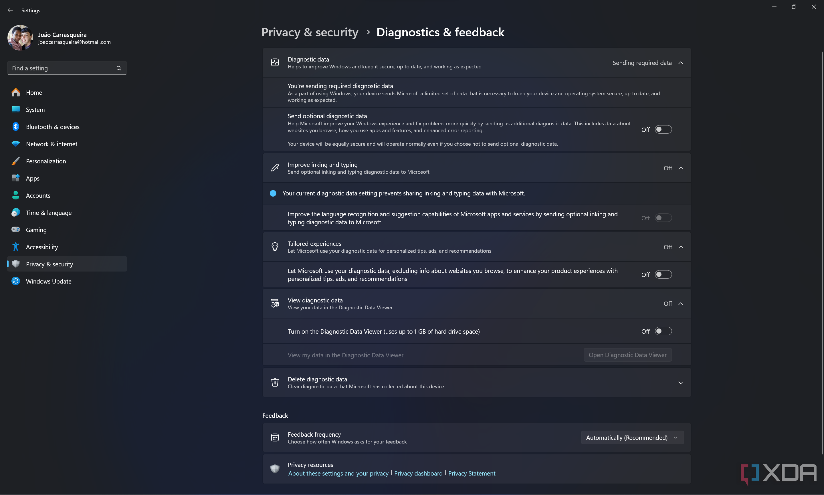 Captura de pantalla de la configuración de privacidad de diagnósticos y comentarios en Windows 11