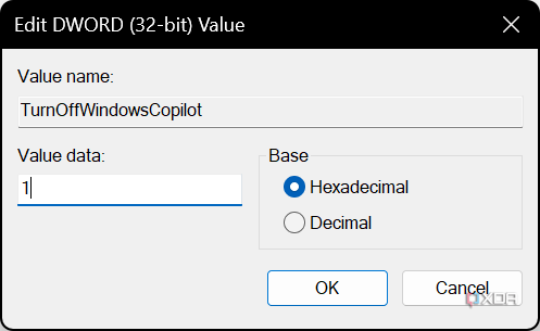 Setting TurnOffWindowsCopilot to a value of 1