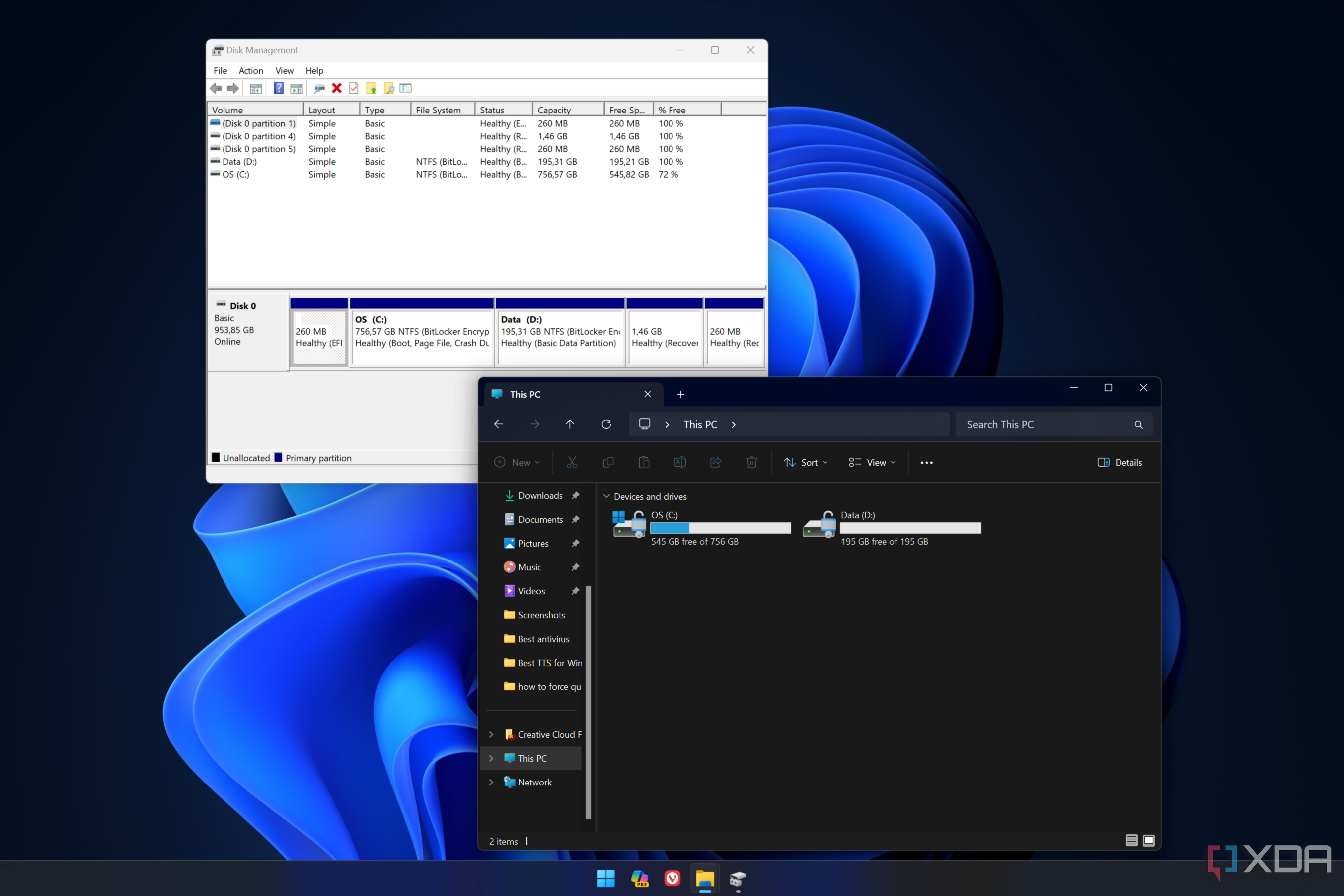 Screenshot of a Windows 11 desktop with Disk Management and File Explorer open