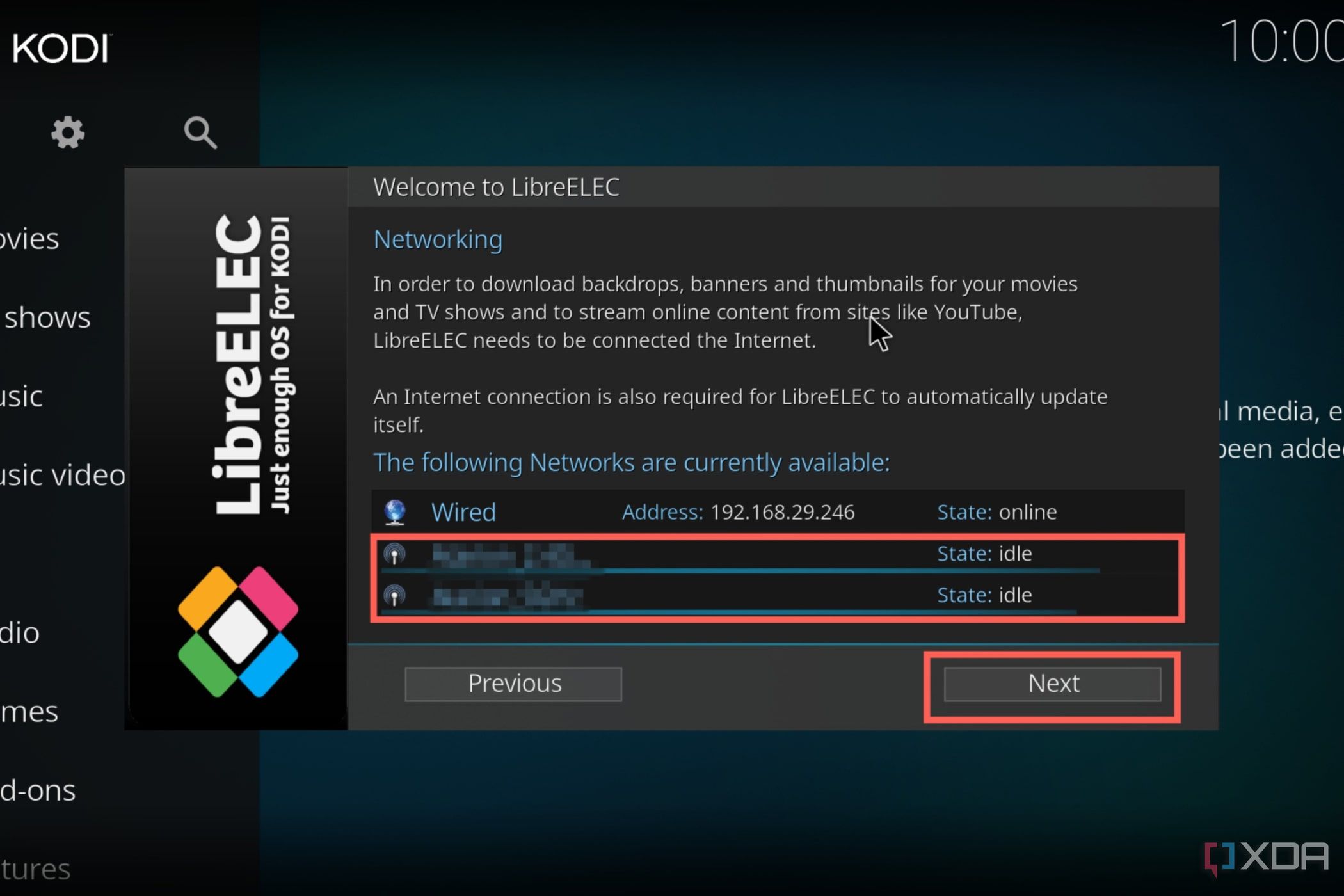 Una captura de pantalla del procedimiento de configuración de LibreELEC con las redes Wi-Fi resaltadas