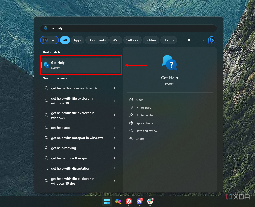 Снимок экрана поиска Windows 11 с надписью «Получить помощь» в качестве первого результата