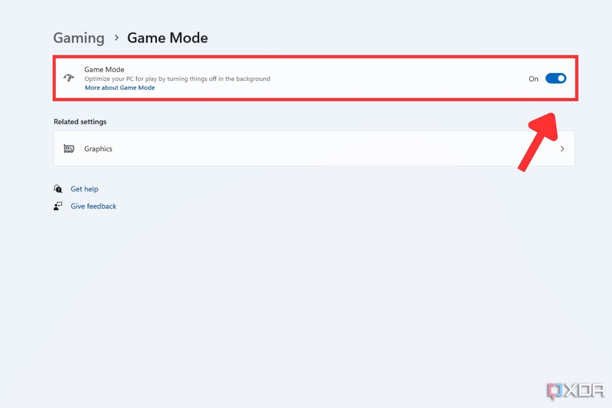 A screenshot showing the highlighted Game Mode toggle in Windows Game Mode settings page.