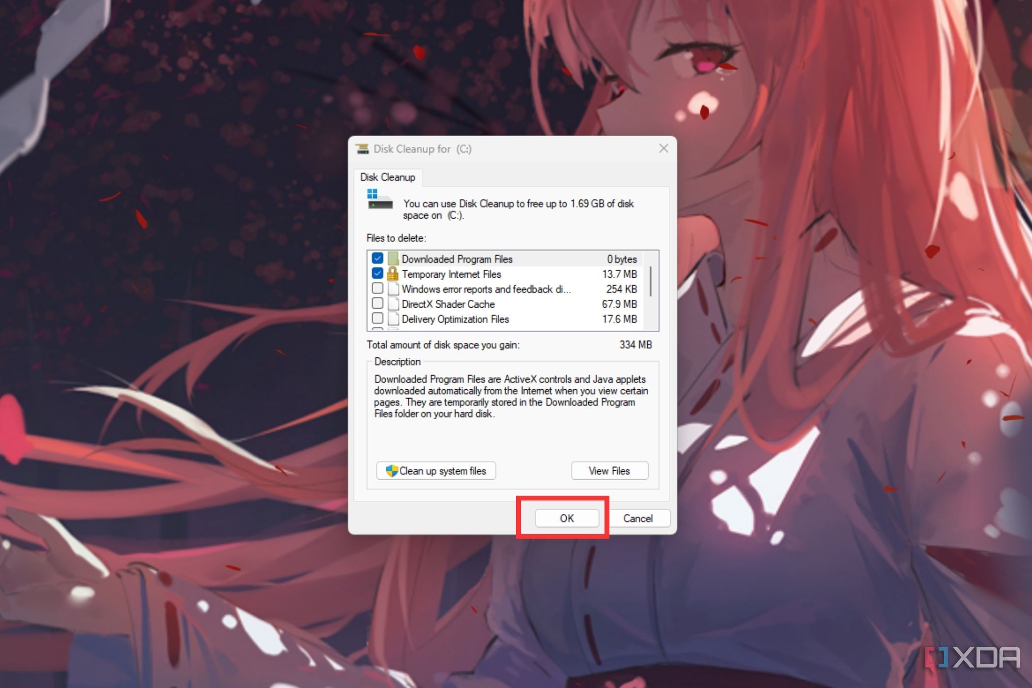 A screenshot showing the highlighted OK button on the disk cleanup utility.