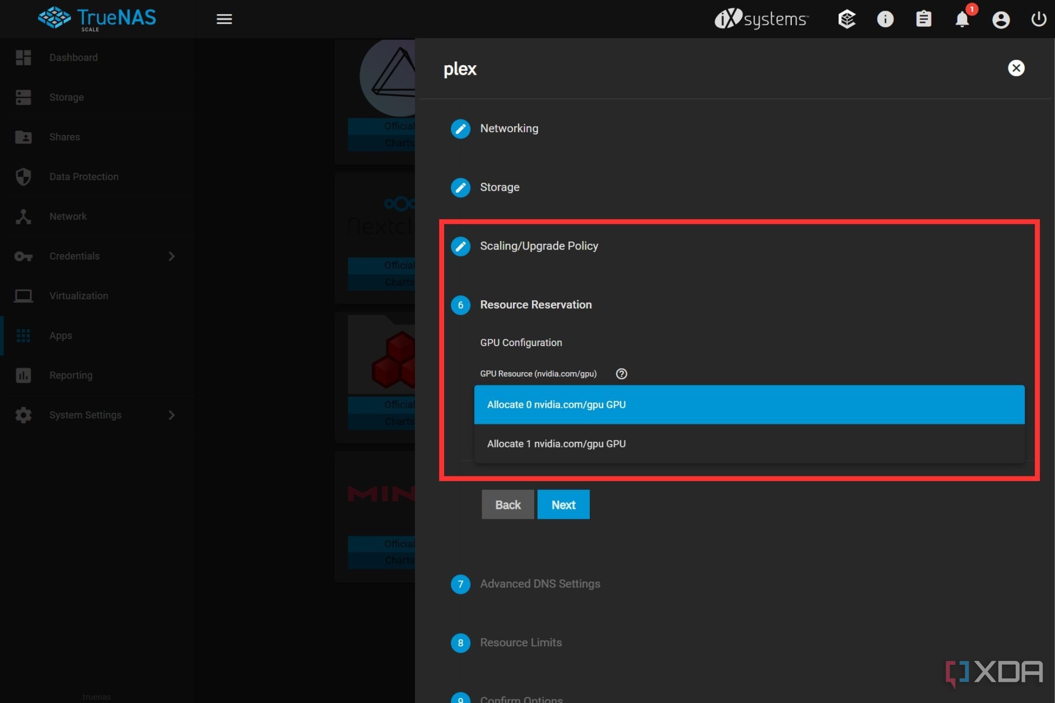 Una captura de pantalla que muestra las opciones de reserva de recursos resaltadas en el menú de configuración de TrueNAS.