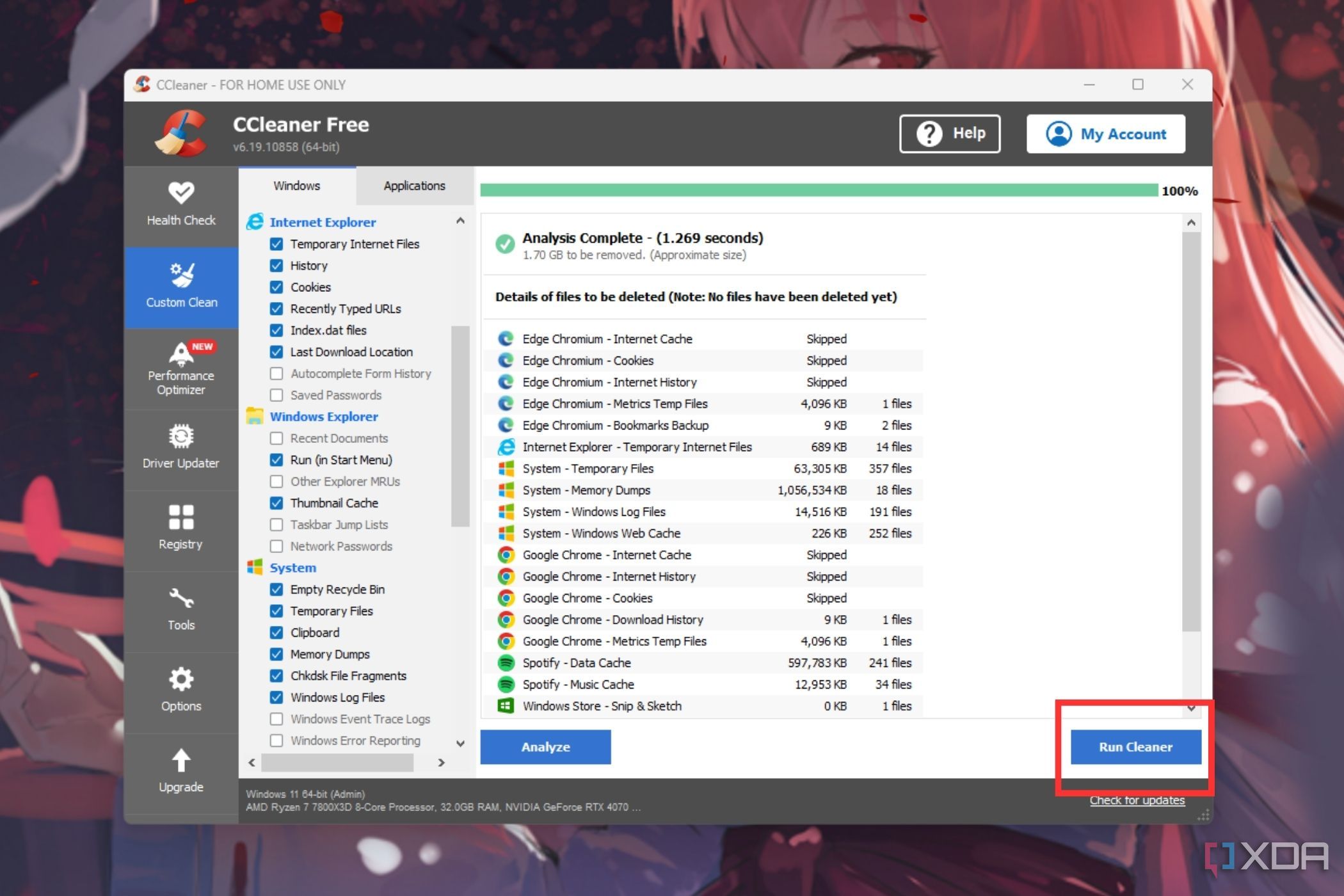 Una captura de pantalla que muestra el botón Ejecutar limpiador resaltado en CCleaner.