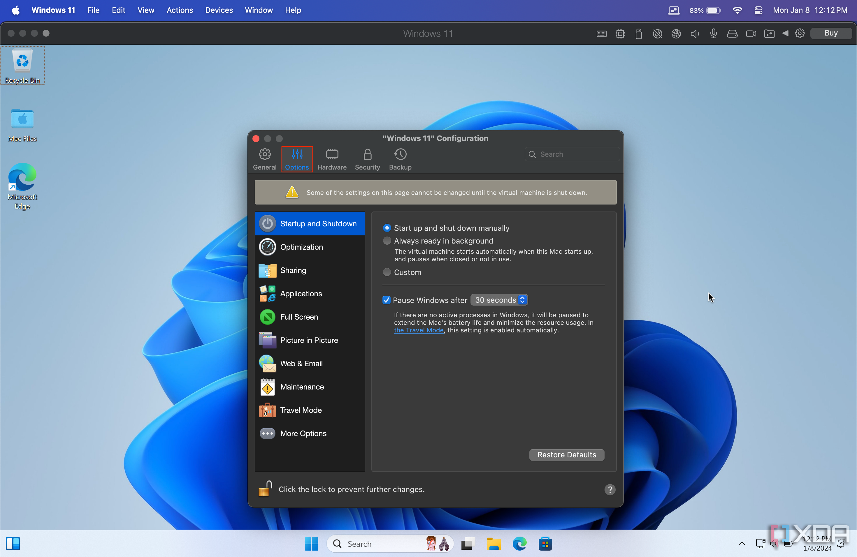 Pestaña Opciones en la configuración de Parallels Desktop