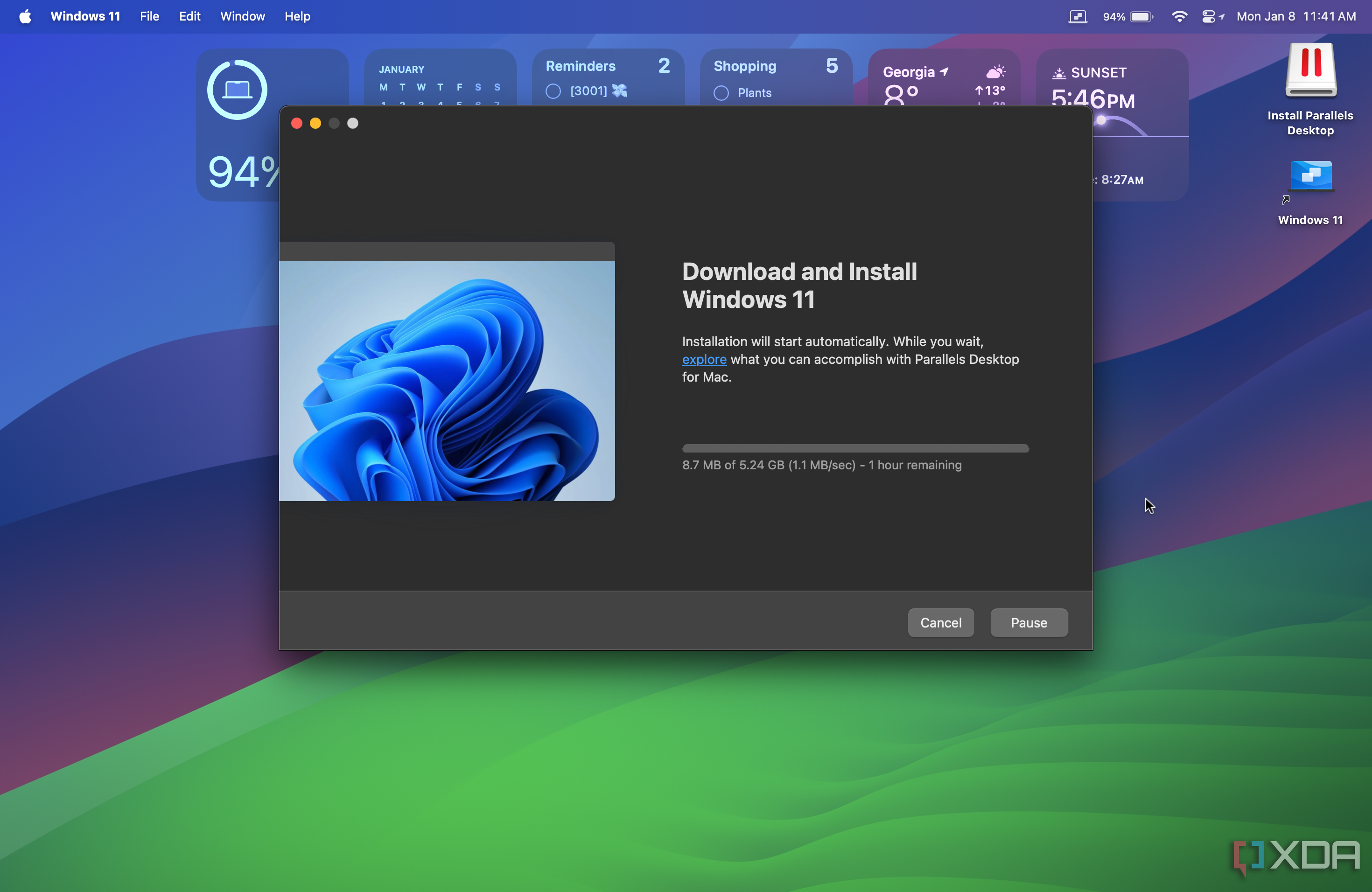 Barra de progreso de descarga de Windows 11 en Parallels Desktop