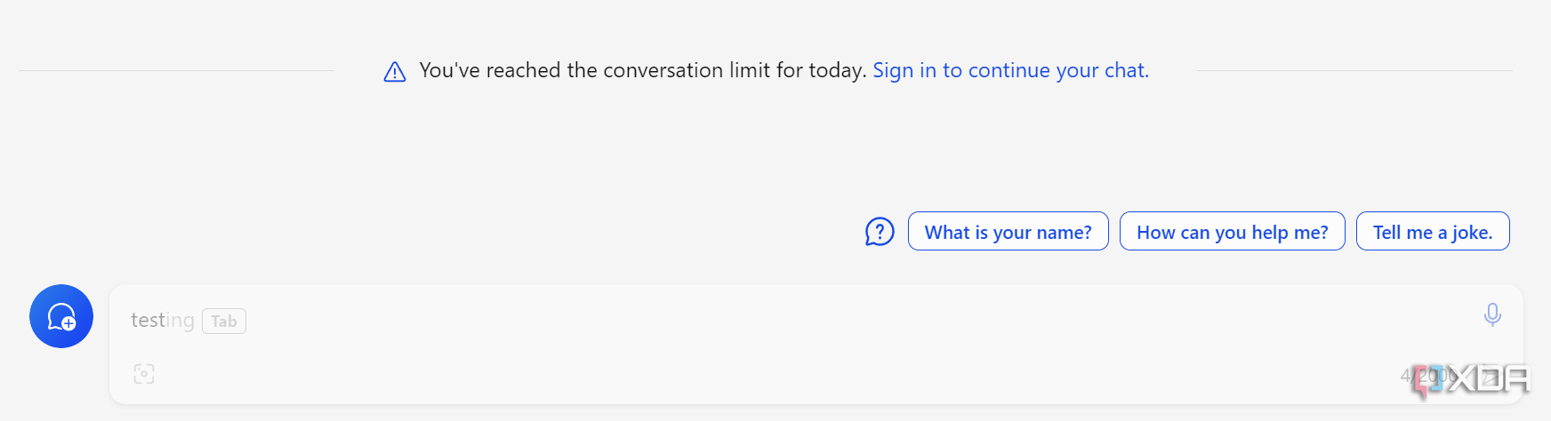 Copilot prompt that you have hit the conversation limit for the day