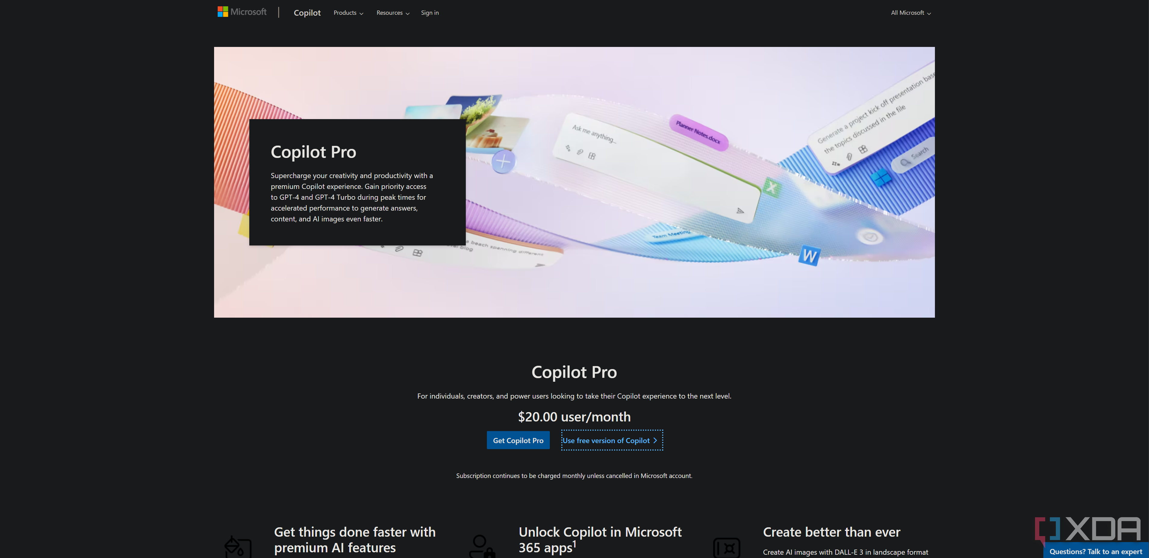 Copilot Pro landing page, advertising the benefits of it