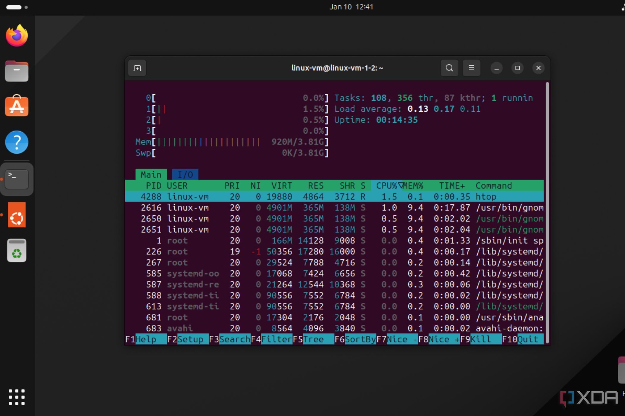 A screenshot showing Htop running in Ubuntu terminal to show CPU and memory utilization.