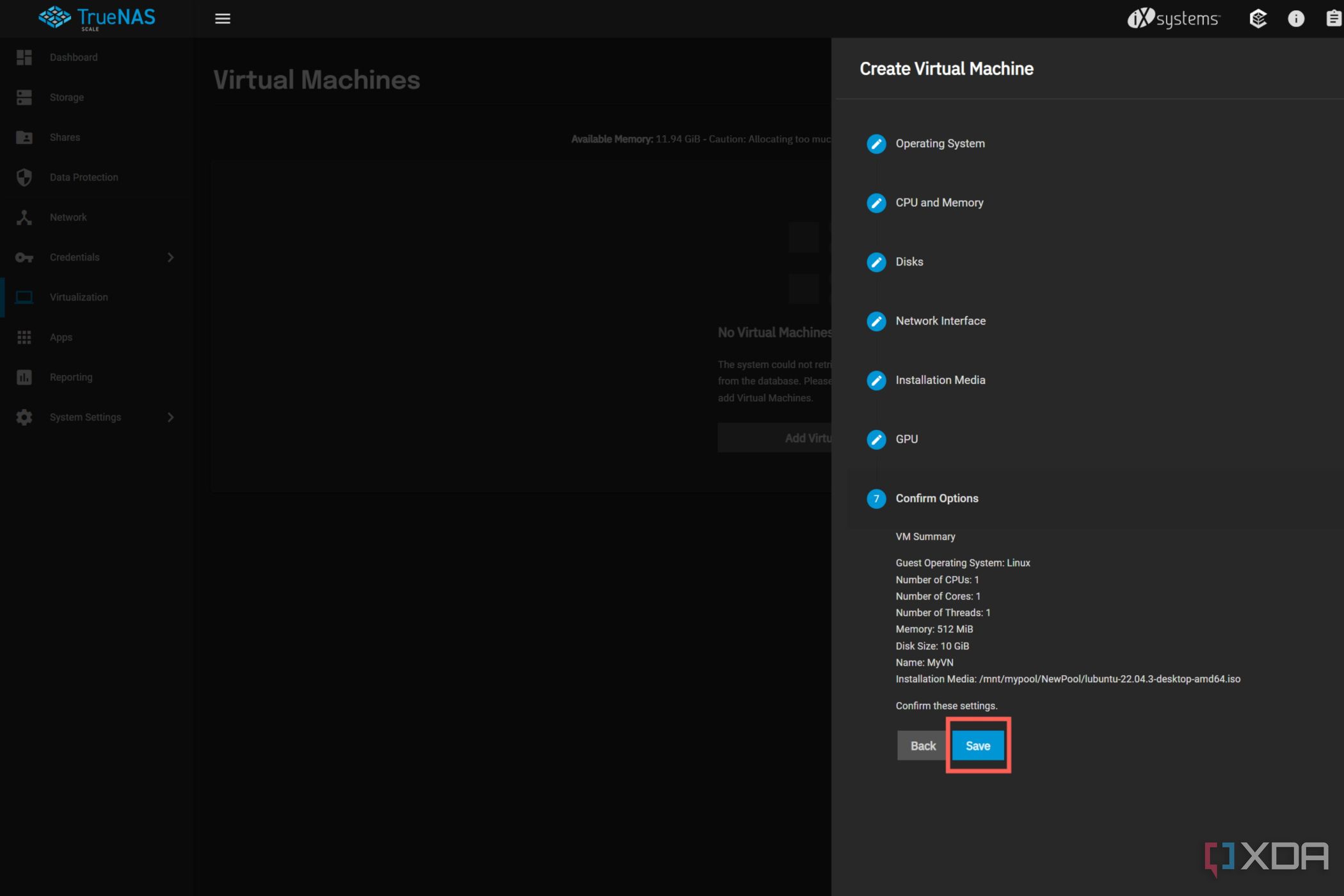 Una captura de pantalla de TrueNAS SCALE que muestra la opción para guardar la configuración de la máquina virtual