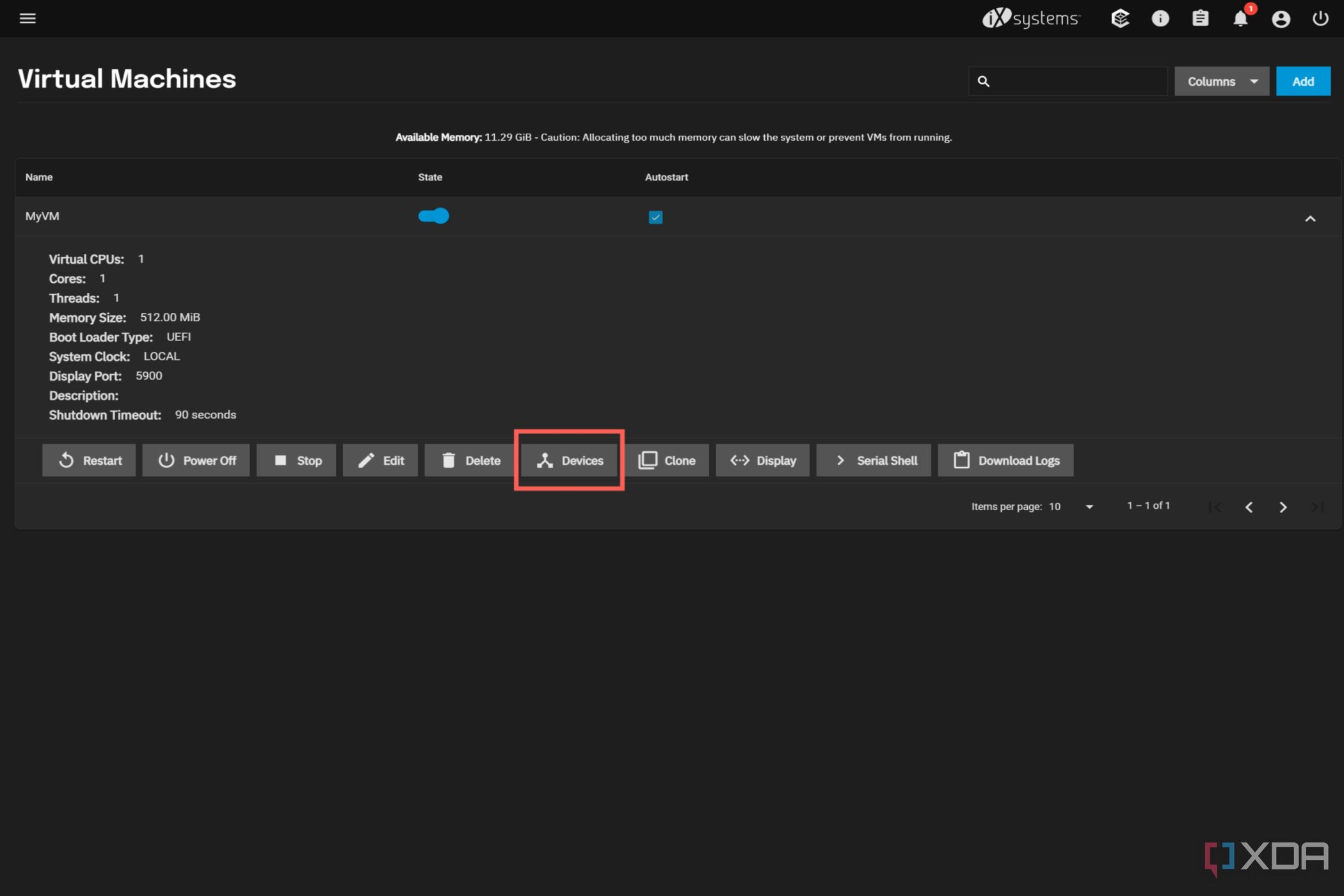 Una captura de pantalla de TrueNAS SCALE que muestra la opción Dispositivos