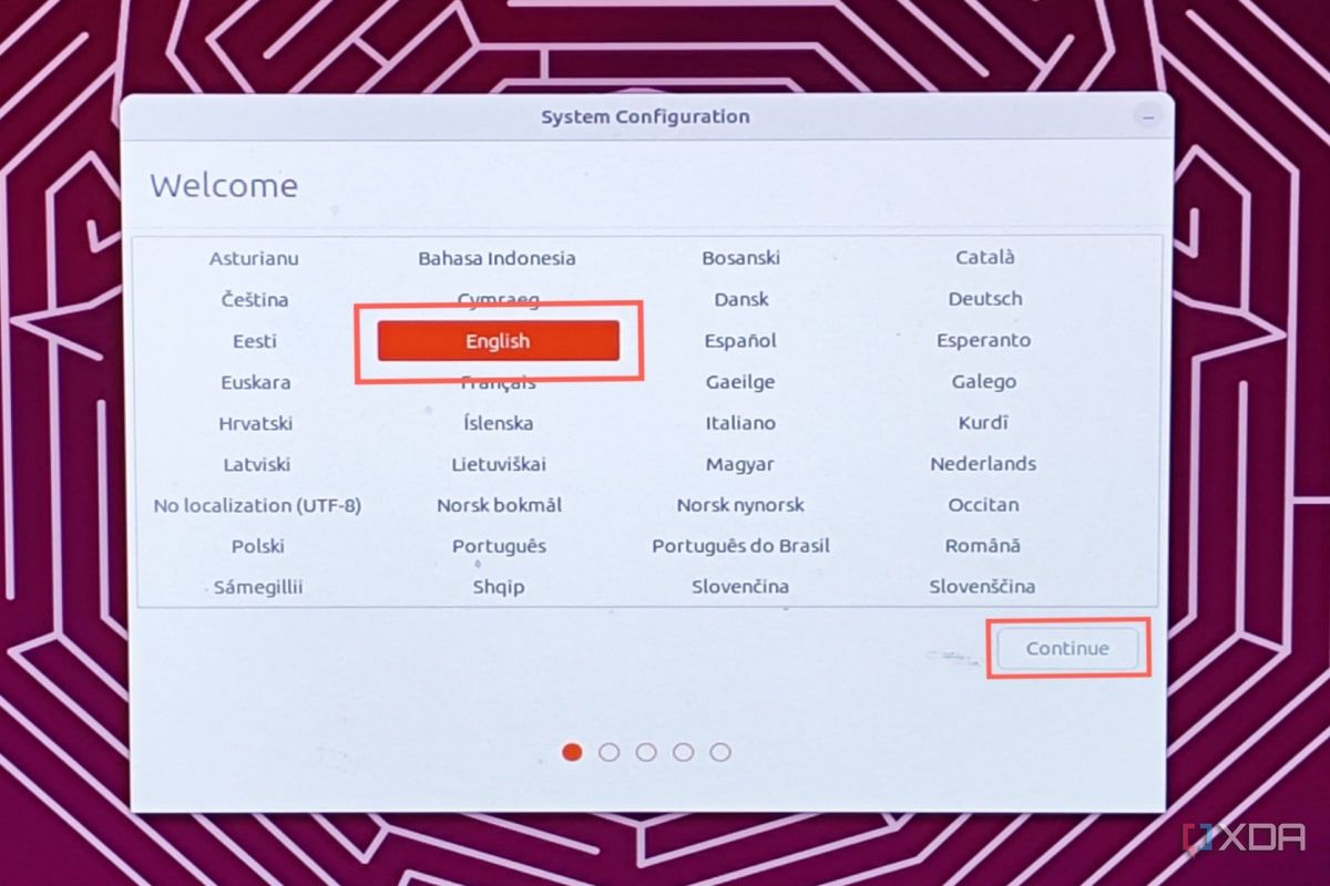 Ein Screenshot des anfänglichen Ubuntu-Setups mit Darstellung der Systemspracheneinstellungen