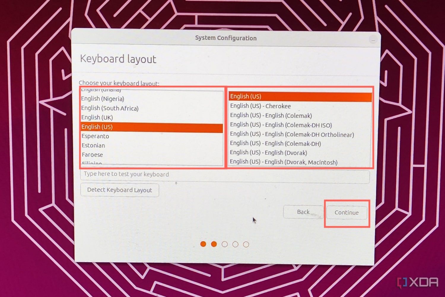 Ein Screenshot des anfänglichen Ubuntu-Setups mit hervorgehobenen Tastaturlayouteinstellungen