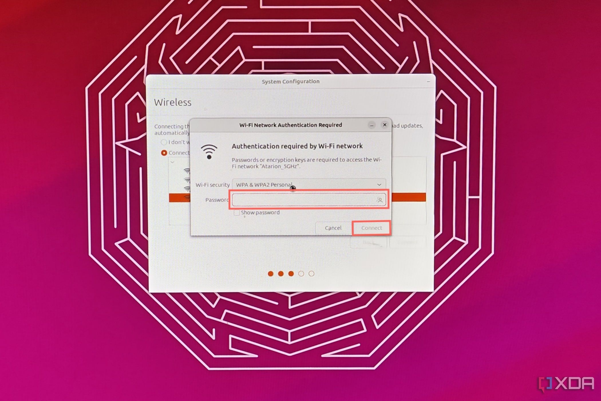 Ein Screenshot der anfänglichen Ubuntu-Einrichtung mit hervorgehobenen WLAN-Einstellungen