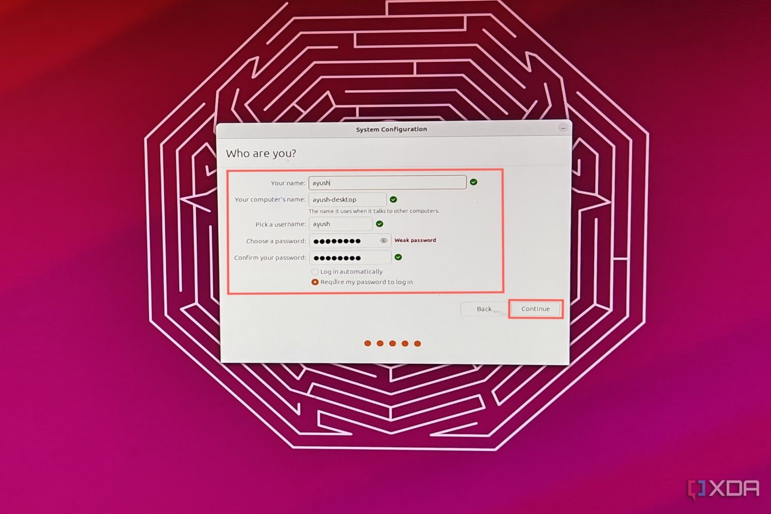 Ein Screenshot der anfänglichen Ubuntu-Einrichtung mit hervorgehobenem Benutzernamen, Passwort und anderen
