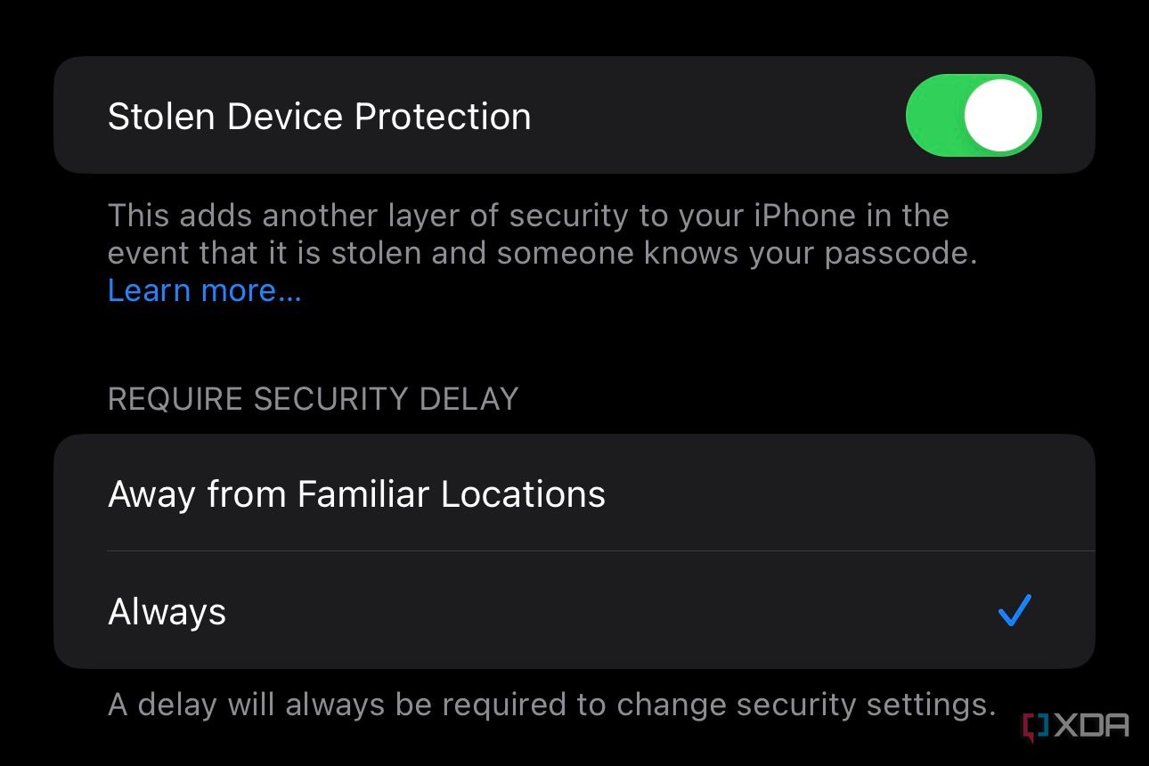 stolen device protection settings on iOS