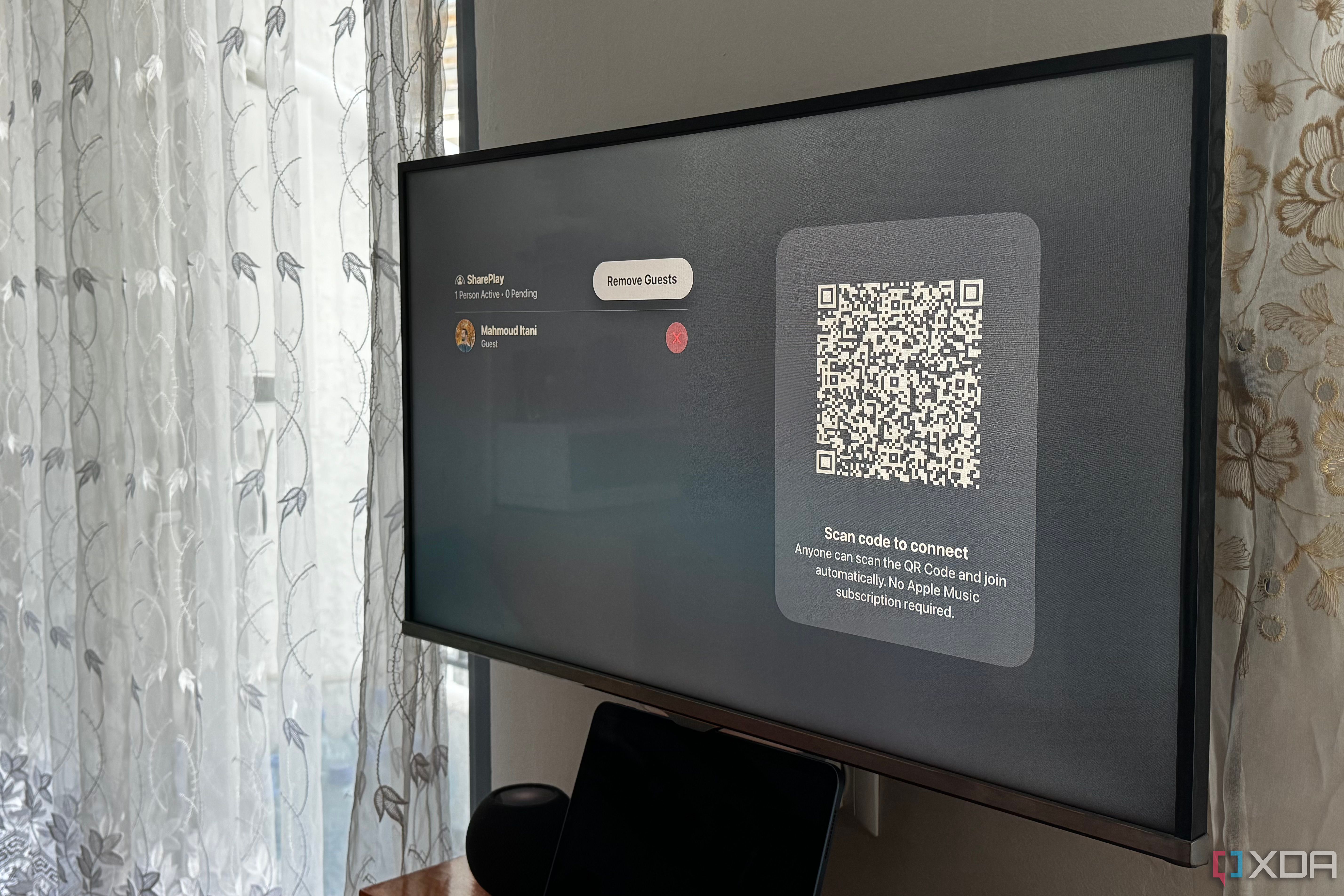 Apple Music SharePlay session on tvOS 17.4 beta 1 displaying a QR code that allows anyone to join