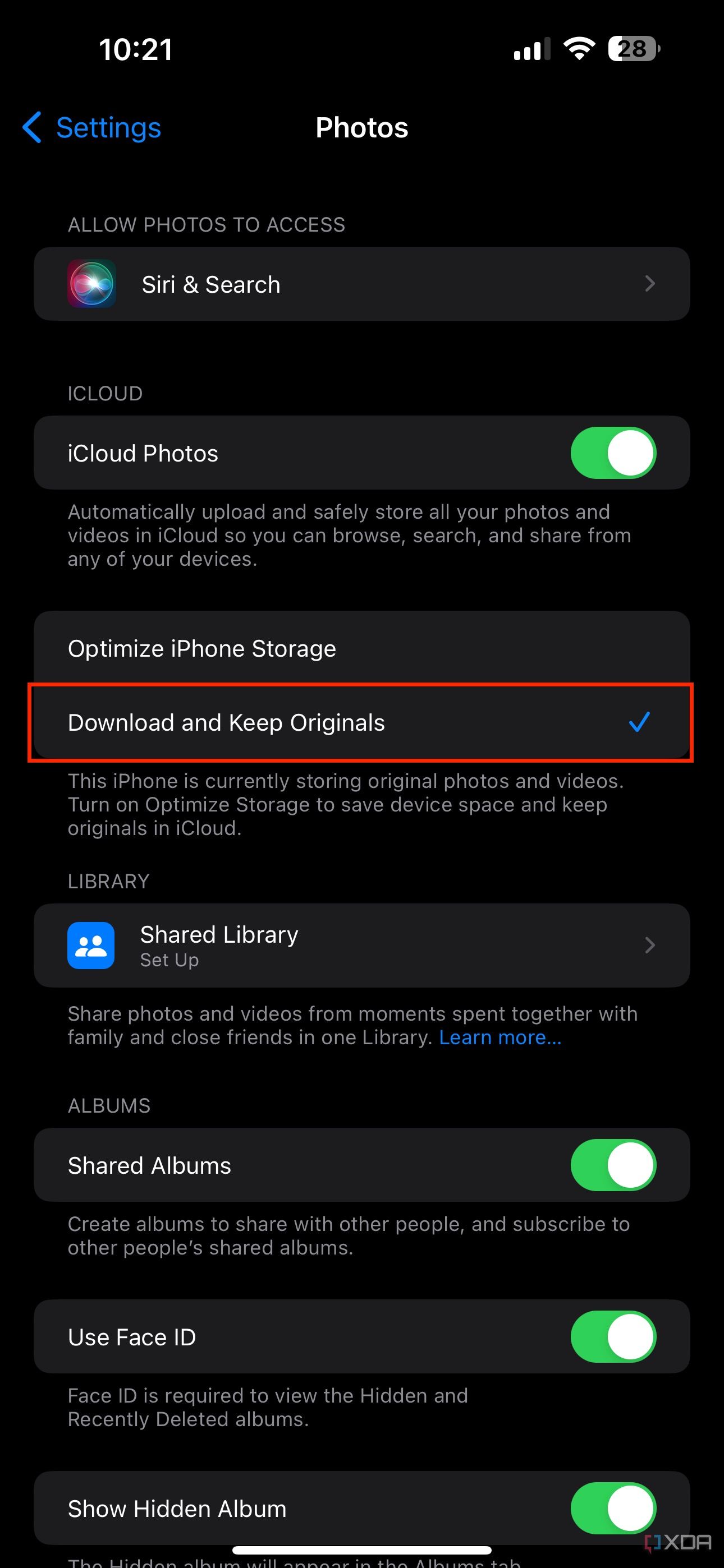 opção de baixar e manter originais na configuração de fotos no iOS