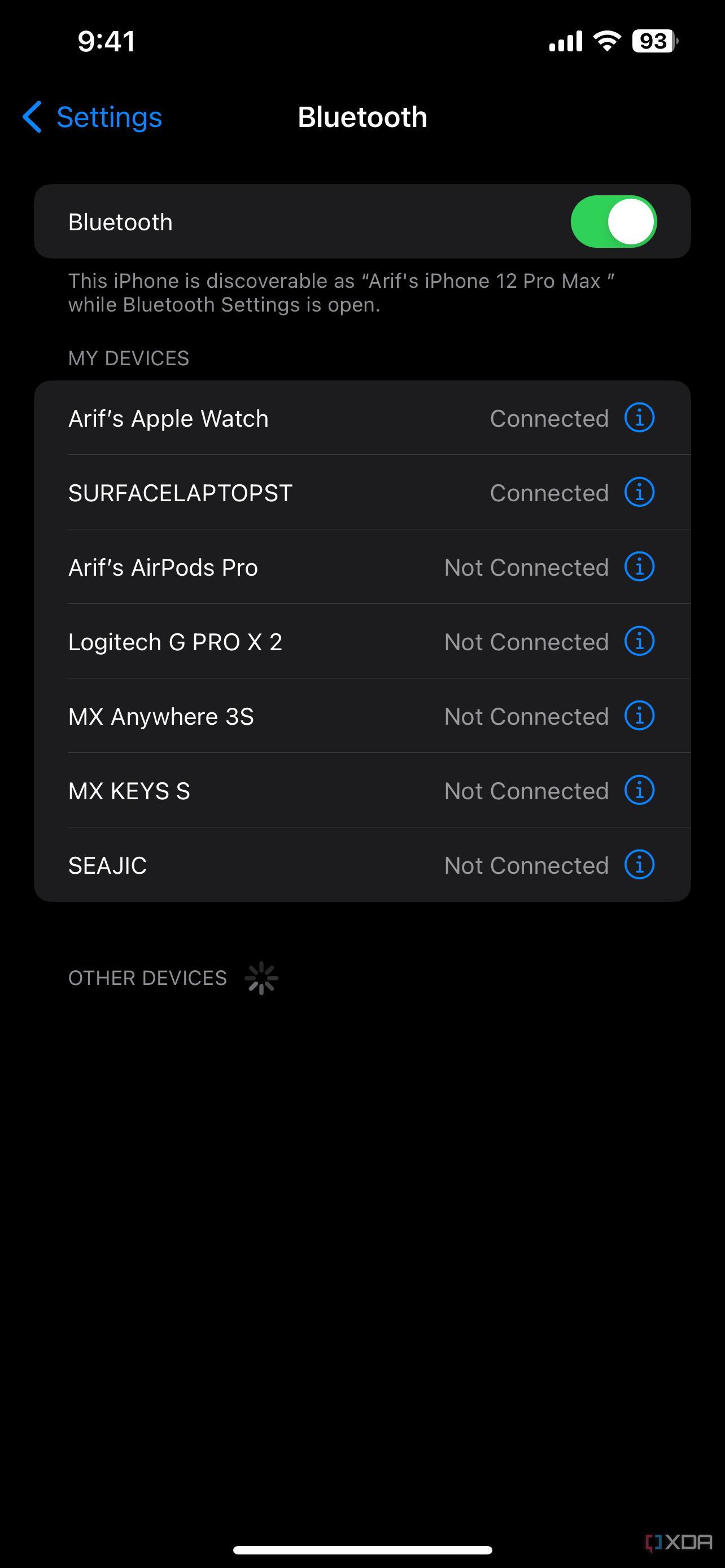 A screenshot of the Bluetooth settings page for iPhone listing Bluetooth devices