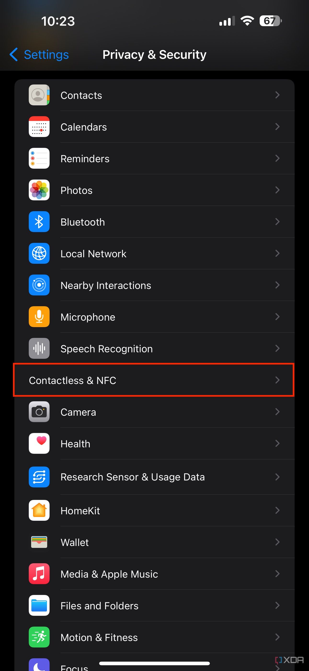 contactless and nfc section in iOS settings 